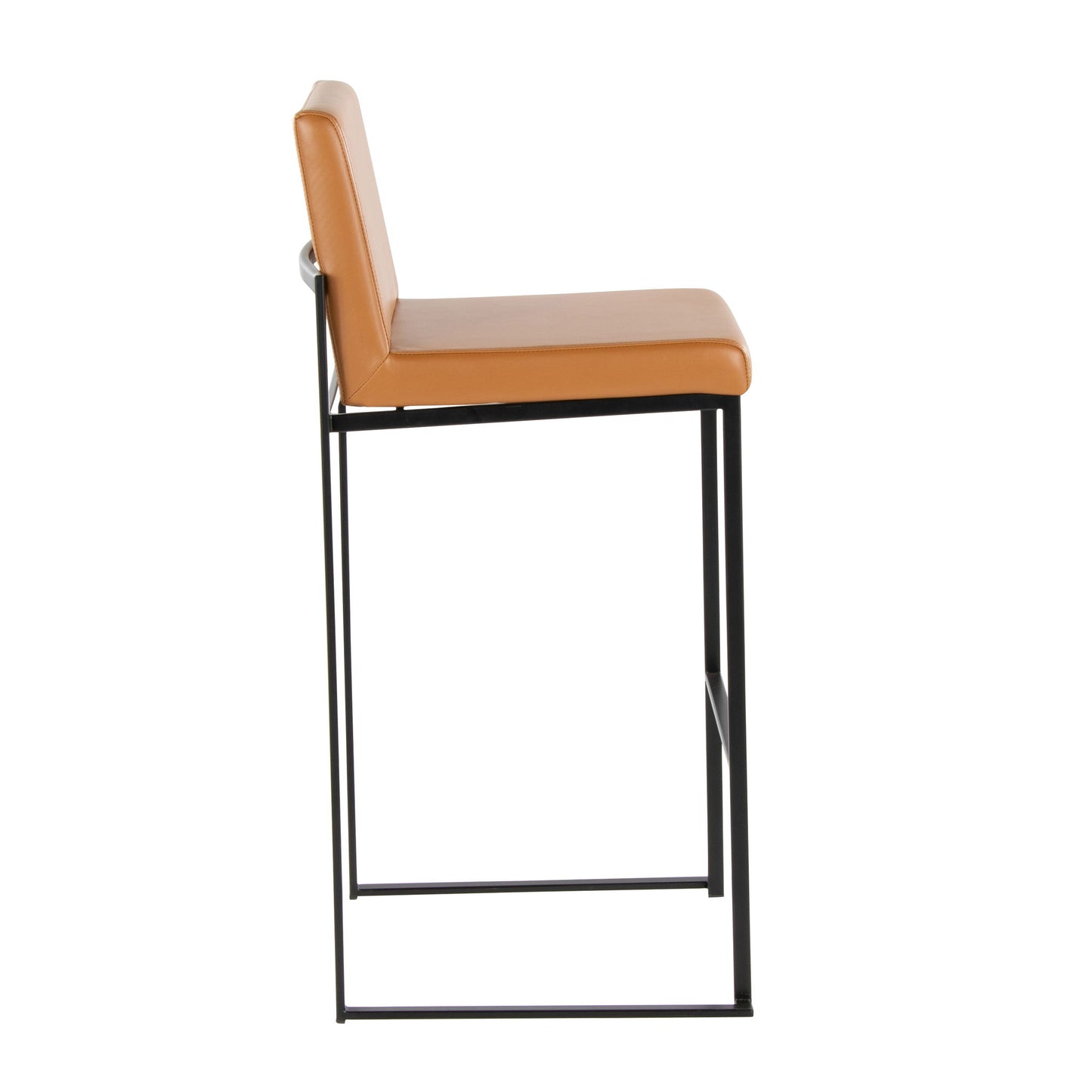Side view of the Fuji - Contemporary High Back Barstool featuring an elegant tan leather seat and backrest, supported by a minimalist black metal frame.