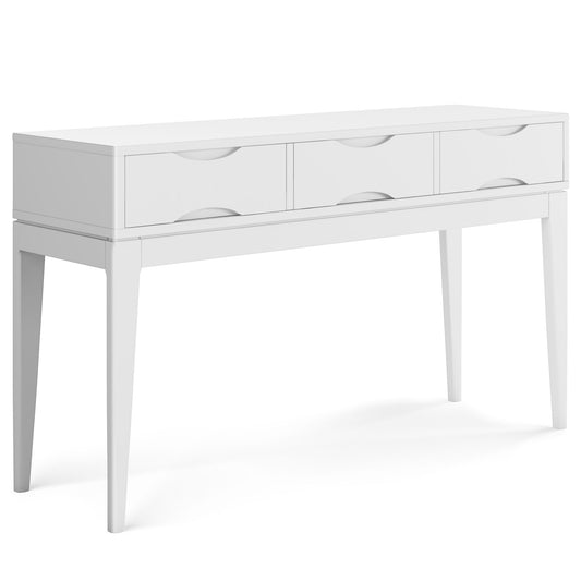 The Harper - Handcrafted Console Sofa Table is a modern white piece with three drawers, tapered legs, a minimalist design, and smooth surfaces.