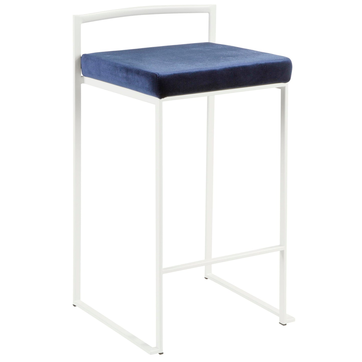 The Fuji - Simple Elegance, Contemporary Stackable Counter Stool features a white metal frame, square cushioned seat upholstered in dark blue fabric, a minimalistic backrest, and a convenient footrest bar.