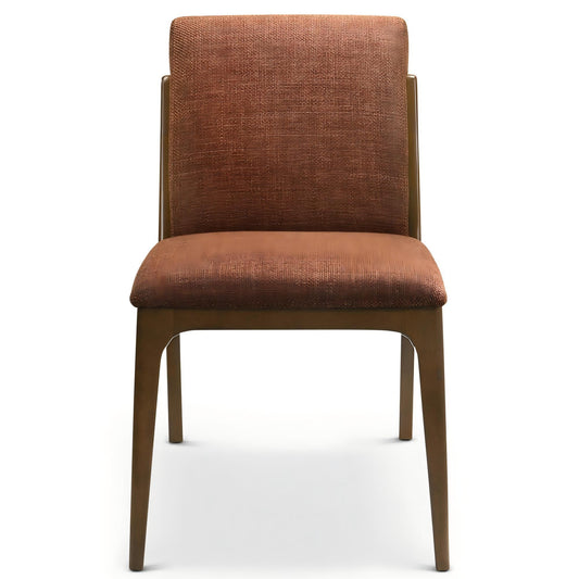 The Grivelle Elegant Dining Chair (Set of 2) features brown upholstery, wooden legs, and a textured fabric seat and backrest, displayed facing forward against a white background.