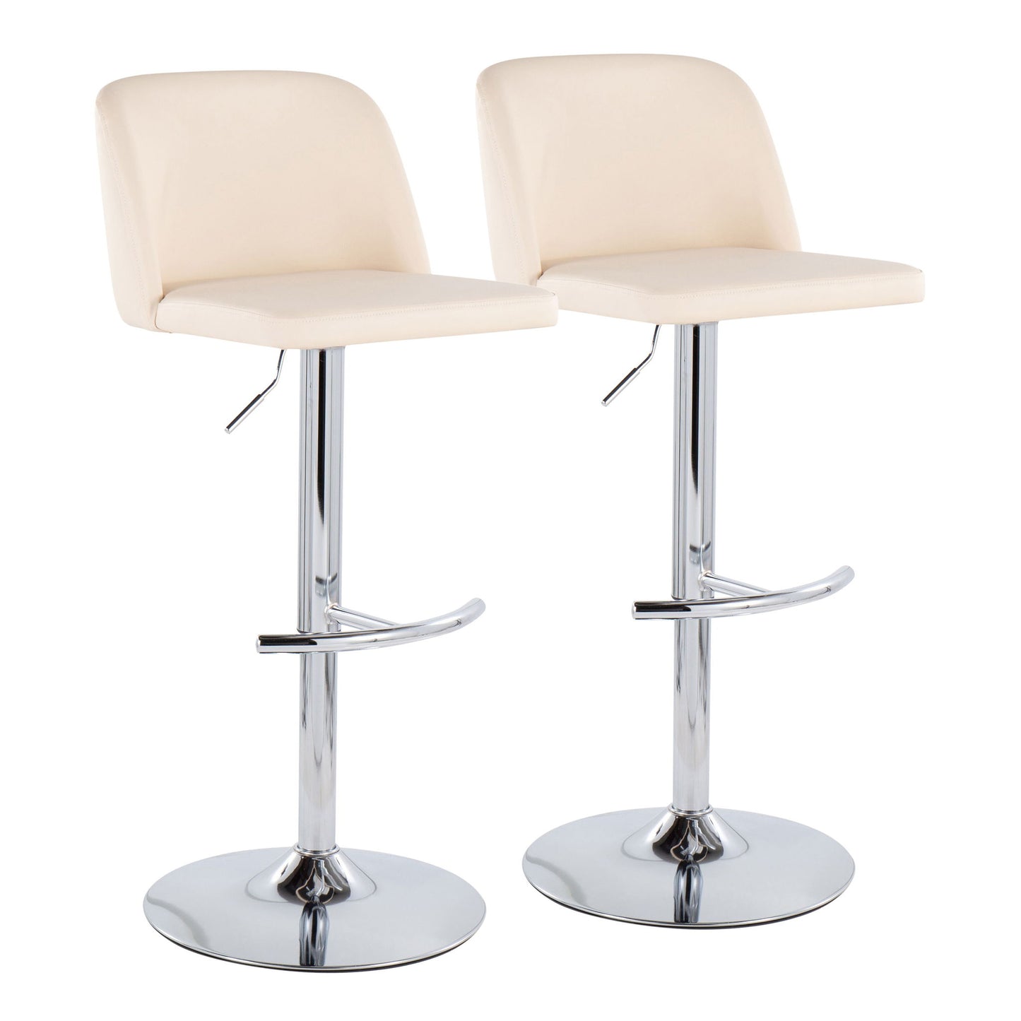 The Toriano Contemporary Adjustable Barstool set of 2 features cream cushioned seats and backs, chrome swivel bases, and rounded T footrests, shown against a plain white background.