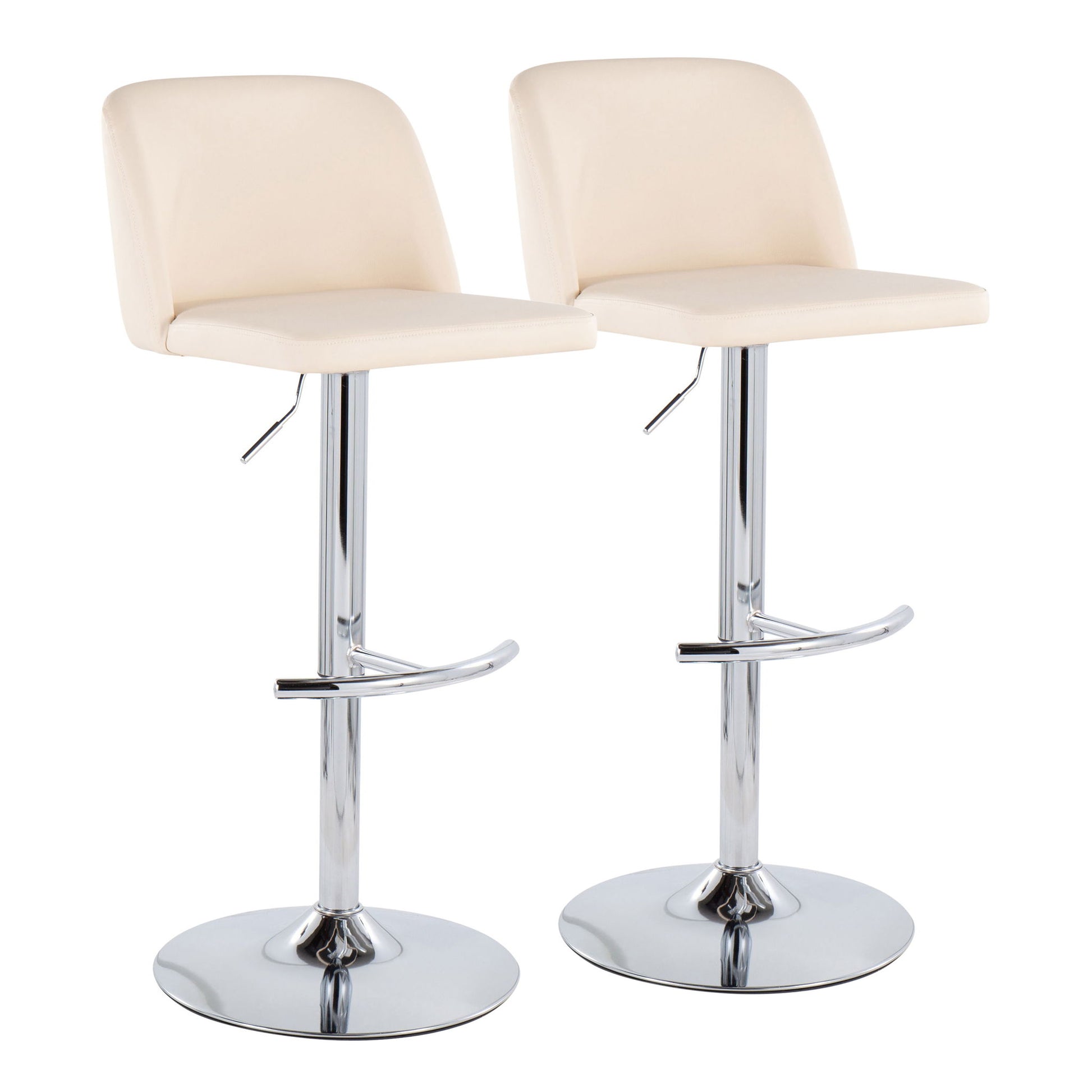 The Toriano Contemporary Adjustable Barstool set of 2 features cream cushioned seats and backs, chrome swivel bases, and rounded T footrests, shown against a plain white background.