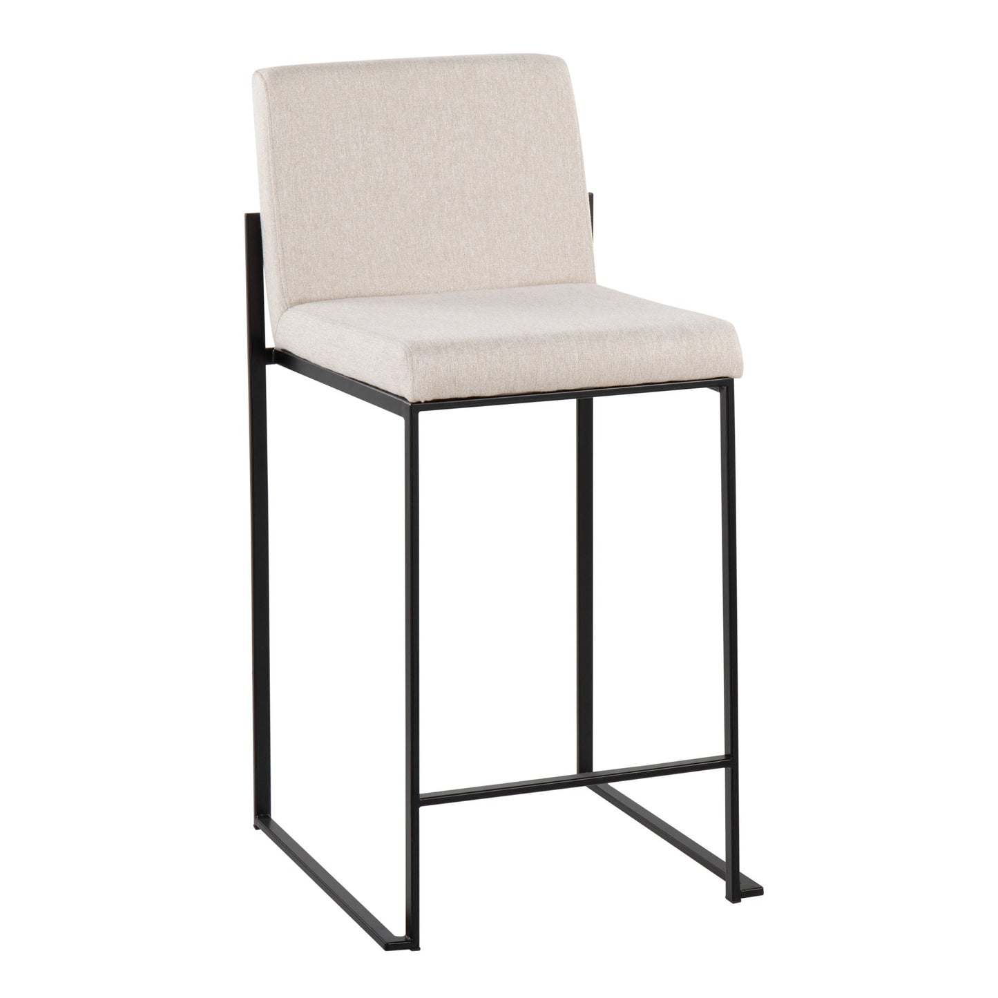 The Fuji - Contemporary Modern Elegance High Back Counter Stool features a beige upholstered seat and backrest, complemented by a sleek black metal frame with open sides for a minimalist look.