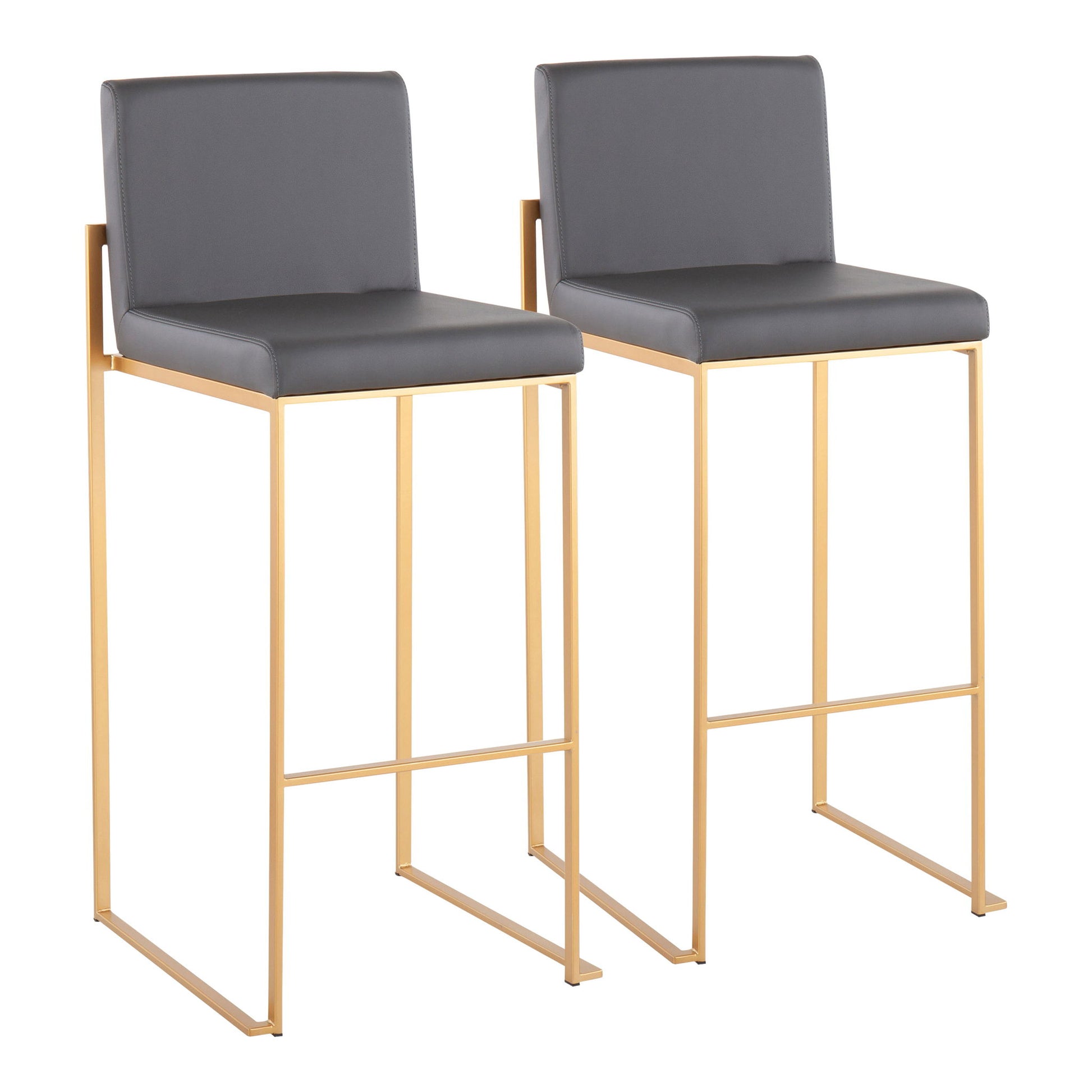 The Fuji Contemporary Design High Back Barstool (Set of 2) features gray cushioned seats and backs, sleek gold metal frames with footrests, and a minimalist contemporary style.