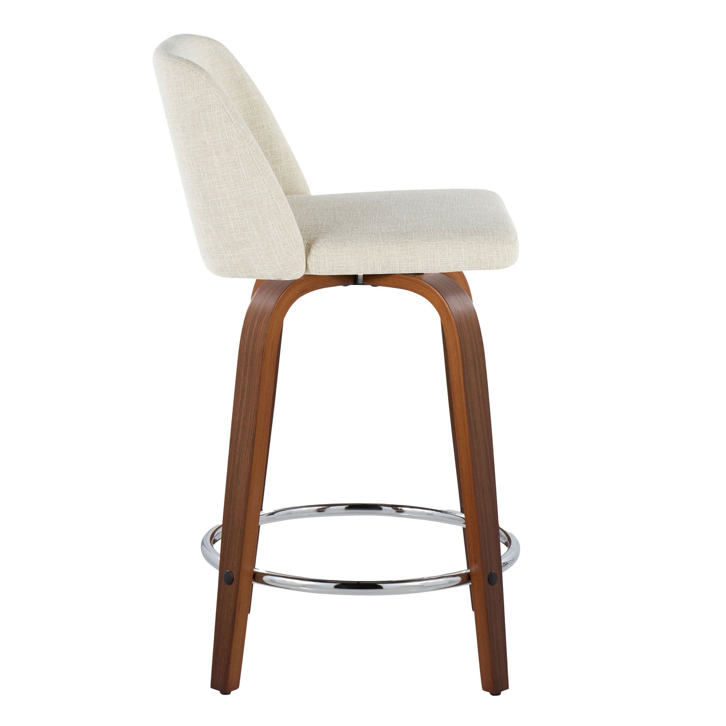 A side view of the Toriano, a modern counter stool with a cushioned beige seat and back. It features a curved wooden frame and a circular chrome footrest at the bottom.