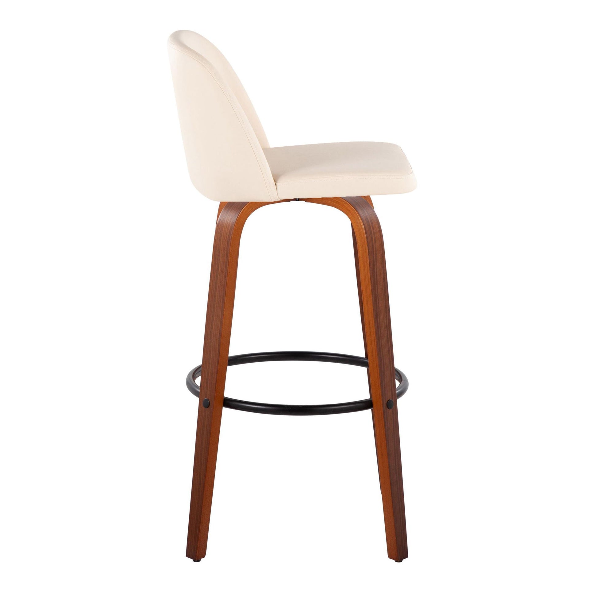 Side view of the Toriano Mid Century Modern Barstool, featuring a cream cushioned seat and backrest, wooden legs, and a round black metal footrest. Set of 2 with fixed height and swivel function.