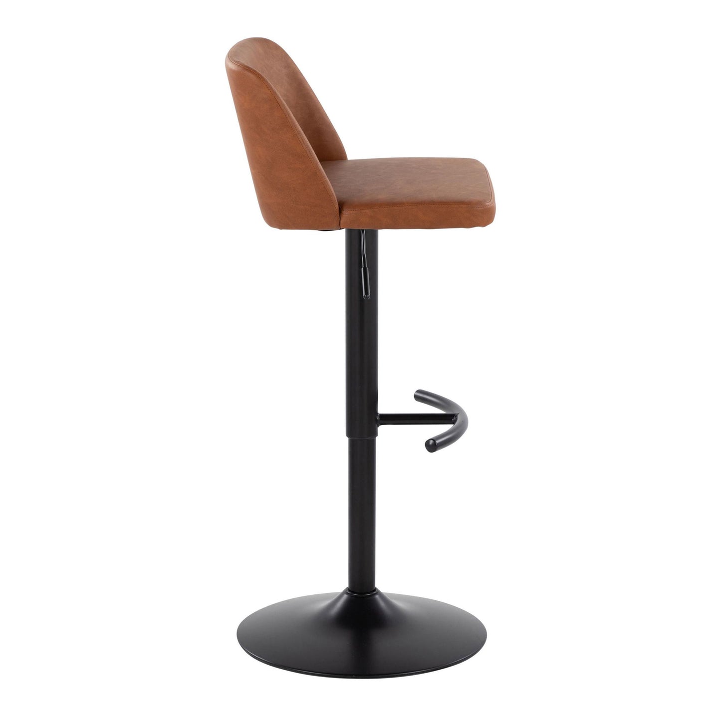 Side view of the Toriano Contemporary Adjustable Bar Stool, featuring a brown cushioned seat and backrest, black metal pedestal base, and a rounded T footrest. Sold as a set of 2.