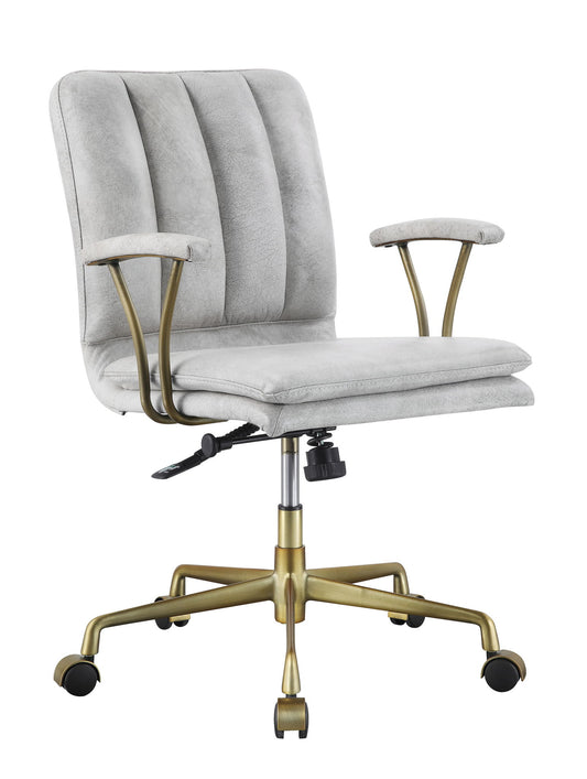 The Damir Vintage Top Grain Leather Office Chair in Antique White/Vintage features a cushioned seat and backrest, gold metal armrests and base, black rolling casters, and an adjustable height lever beneath the seat.