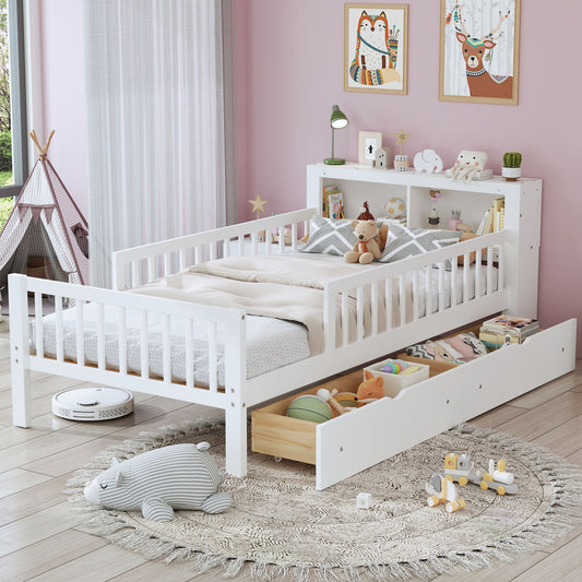 Bed With Headboard Storage Rack, 2 Under Bed Drawers, 3 Side Guardrails For Safety