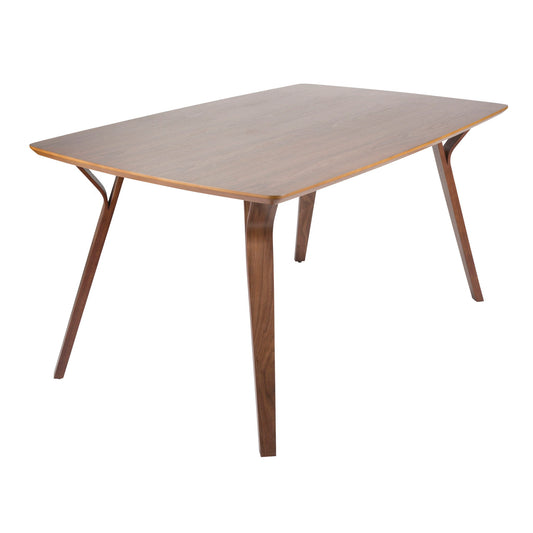 The Folia - Mid Century Modern Dining Table features a rectangular wooden top with slightly rounded edges, four angled legs, a smooth polished surface, and a minimalist modern design.
