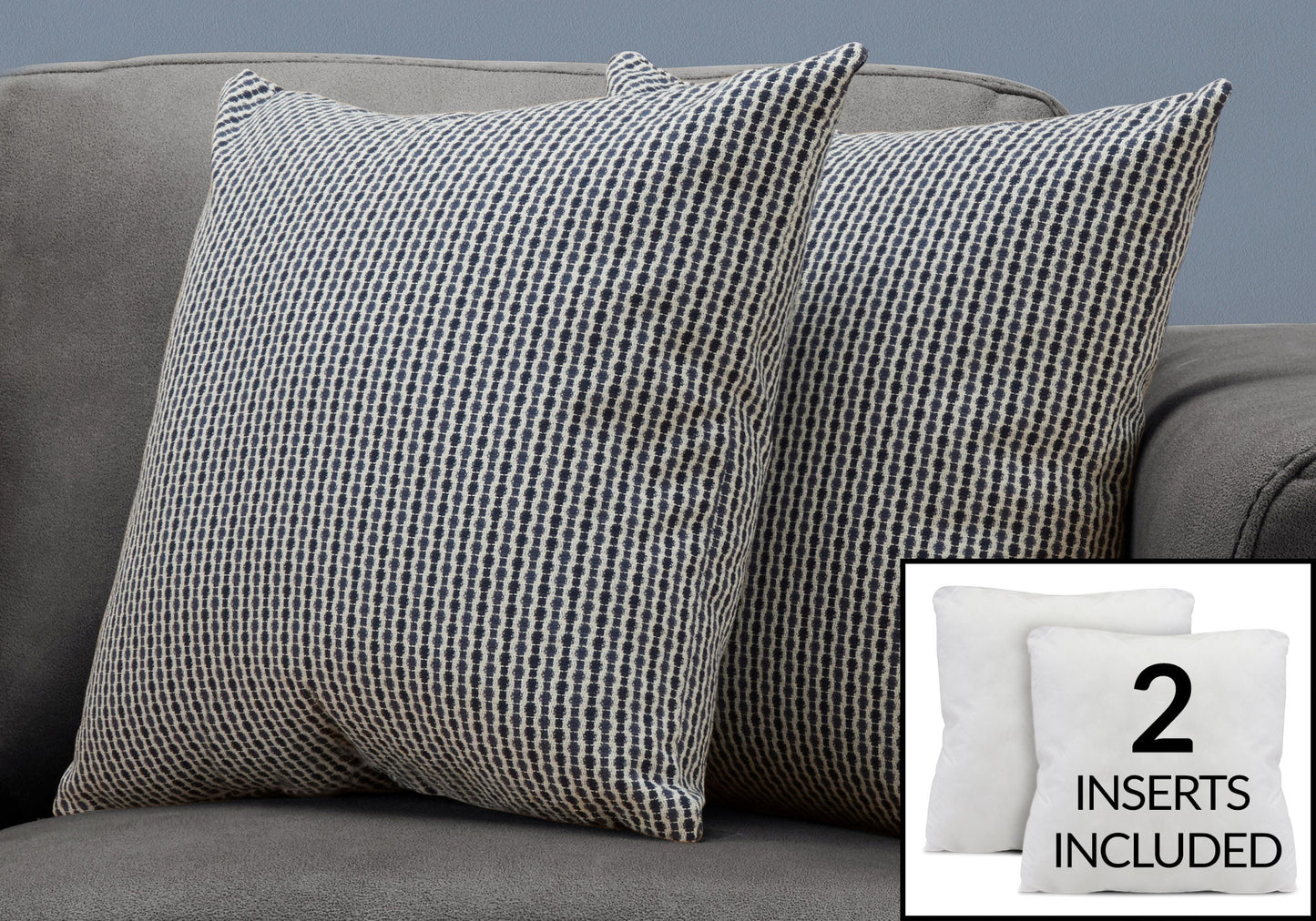 Two decorative square throw pillows with black and white geometric patterns are on a gray couch. An inset displays two plain white hypoallergenic inserts, with text: "2 inserts included.