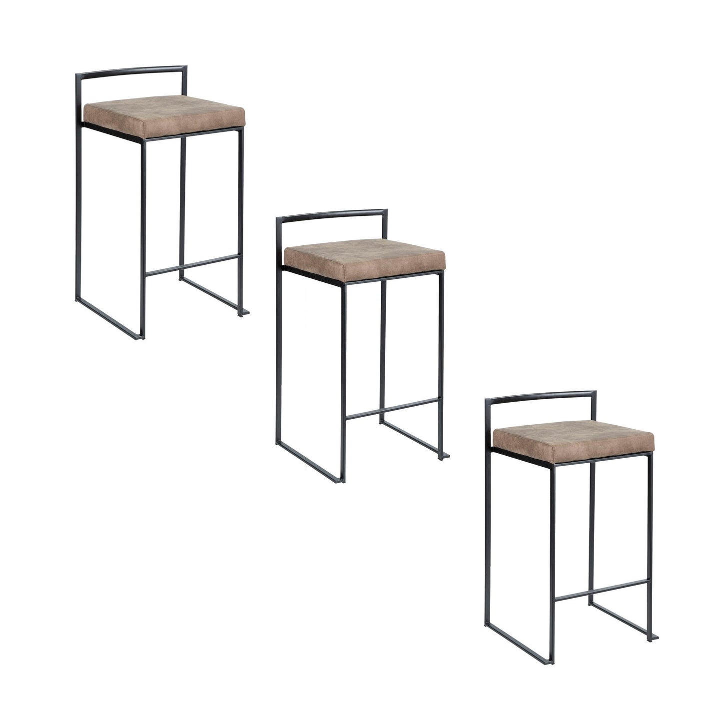 Three Fuji Contemporary Style Stackable Counter Stools feature black metal frames and light brown cushioned seats, arranged in a staggered diagonal line on a white background.