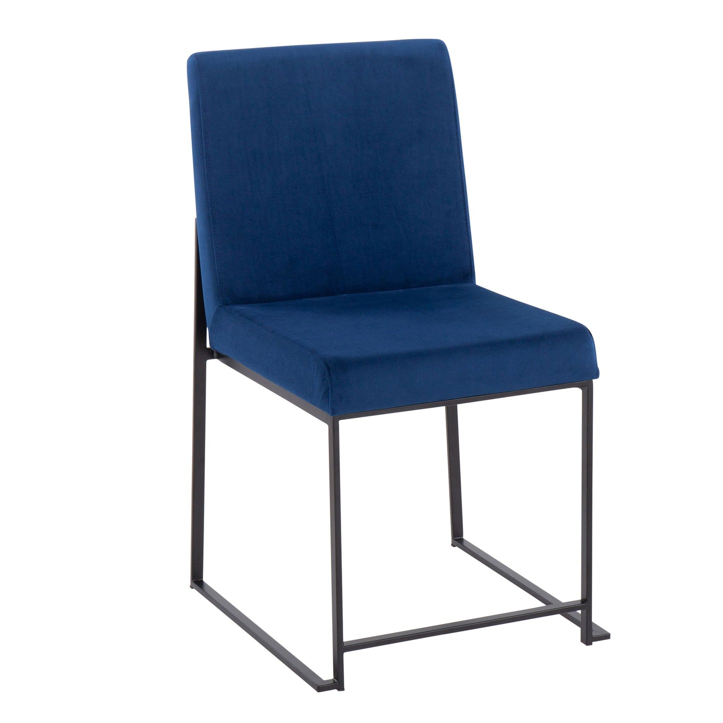 The Fuji High Back Dining Chair (Set of 2) offers contemporary elegance with deep blue upholstery, a minimalist black metal frame, and open sides for a modern touch.