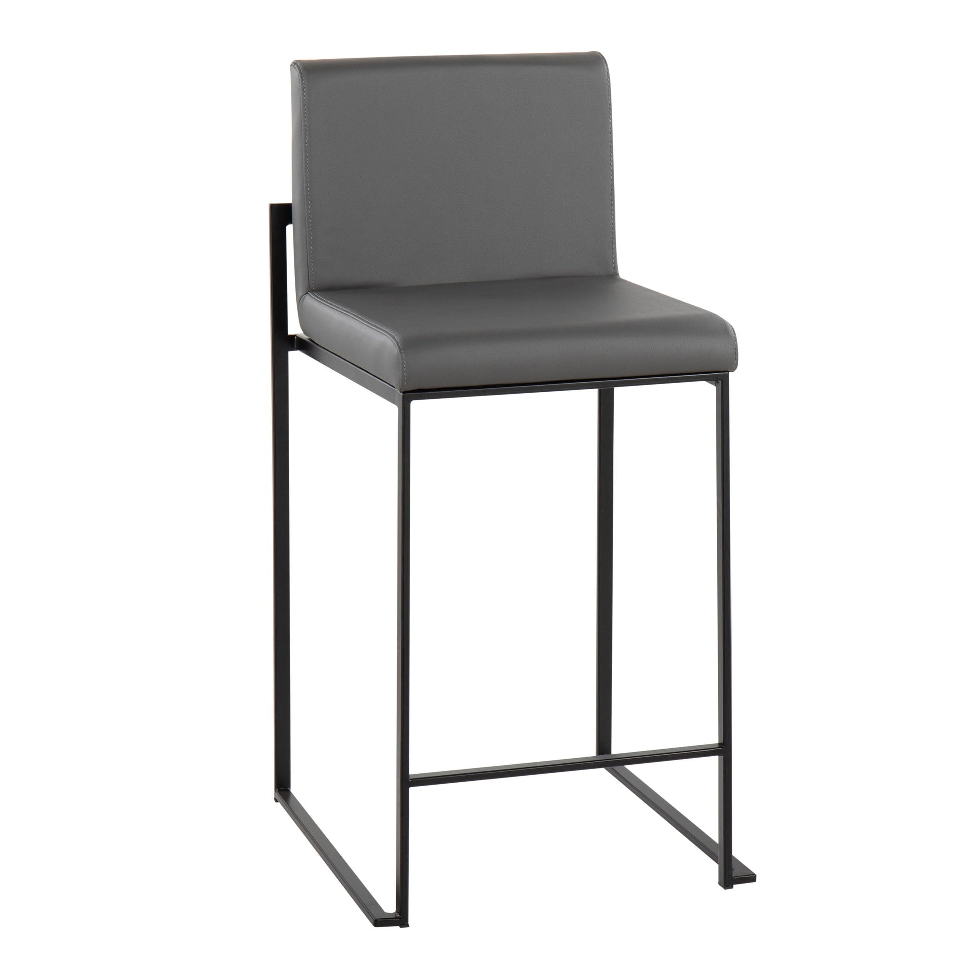 The Fuji - Contemporary Modern Elegance High Back Counter Stool features a gray cushioned seat and backrest, minimalist black metal frame, and footrest for a sleek, modern look.