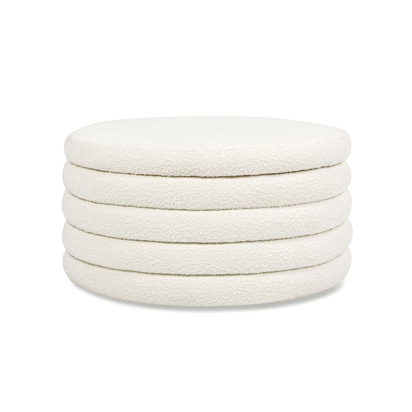 The Fuji - Oversized Round Storage Ottomans are stacked five high, each featuring a white, textured design, neatly arranged against a plain white background.