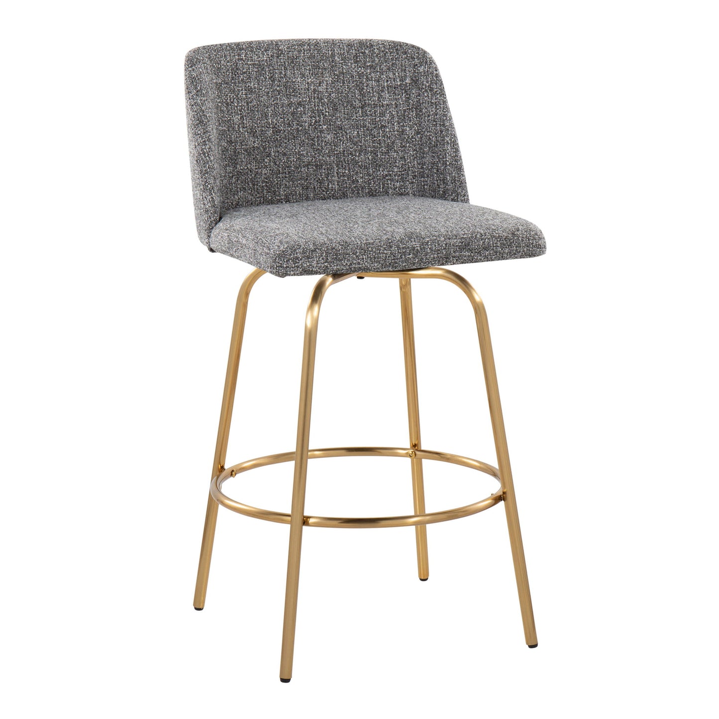 The Toriano set of 2 counter stools features a modern gray upholstered seat and backrest, gold metal legs, swivel function, and a round footrest for stylish comfort at your counter.