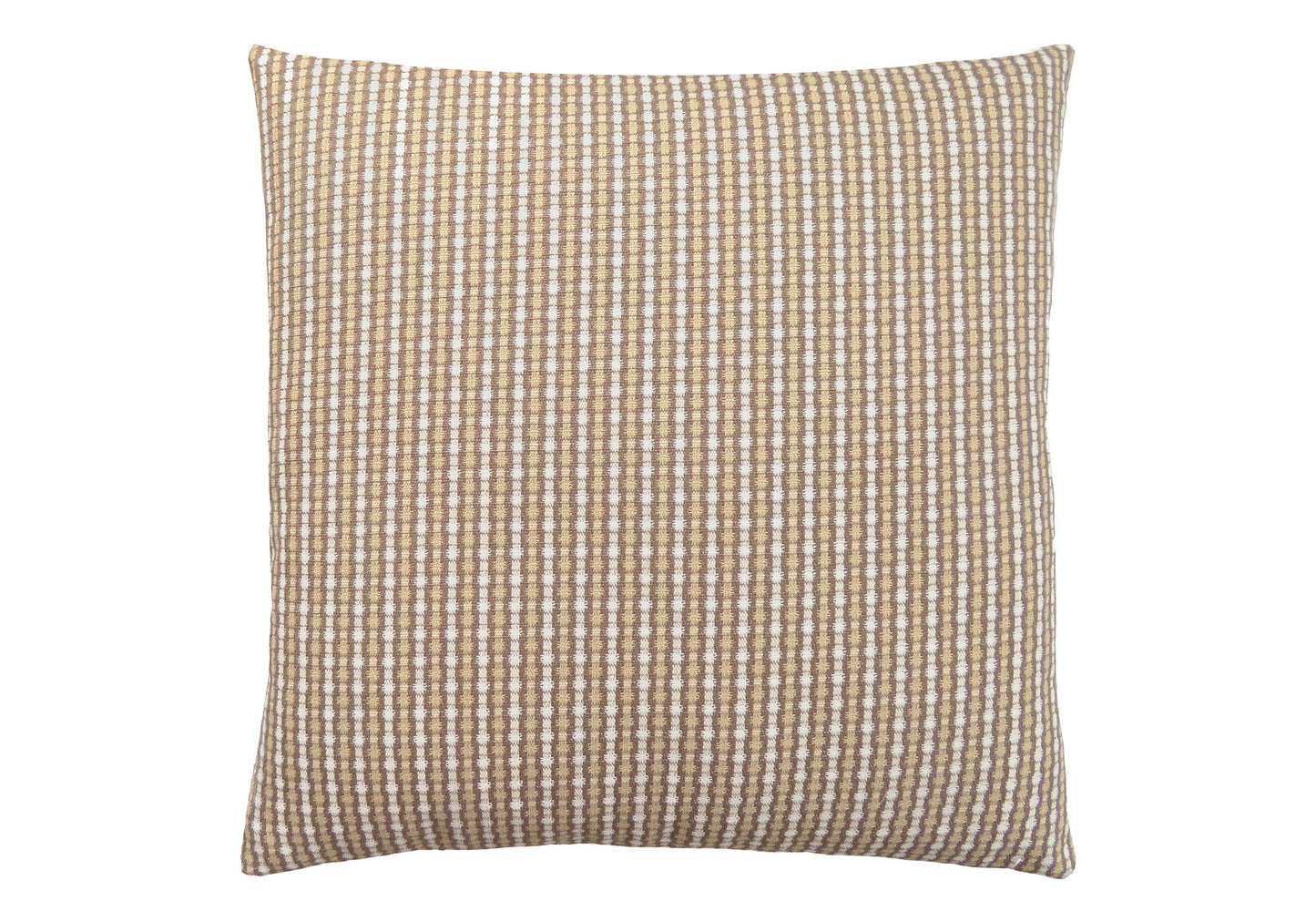 Decorative square throw pillow with a textured tan and white woven pattern, hypoallergenic and plush. Insert included. Displayed on a white background with softly rounded corners.