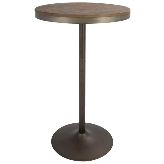 The Dakota Industrial Adjustable Bar/Dinette Table features a tall, round wooden tabletop in brown and an antique single slim metal pedestal with a wide, circular base.