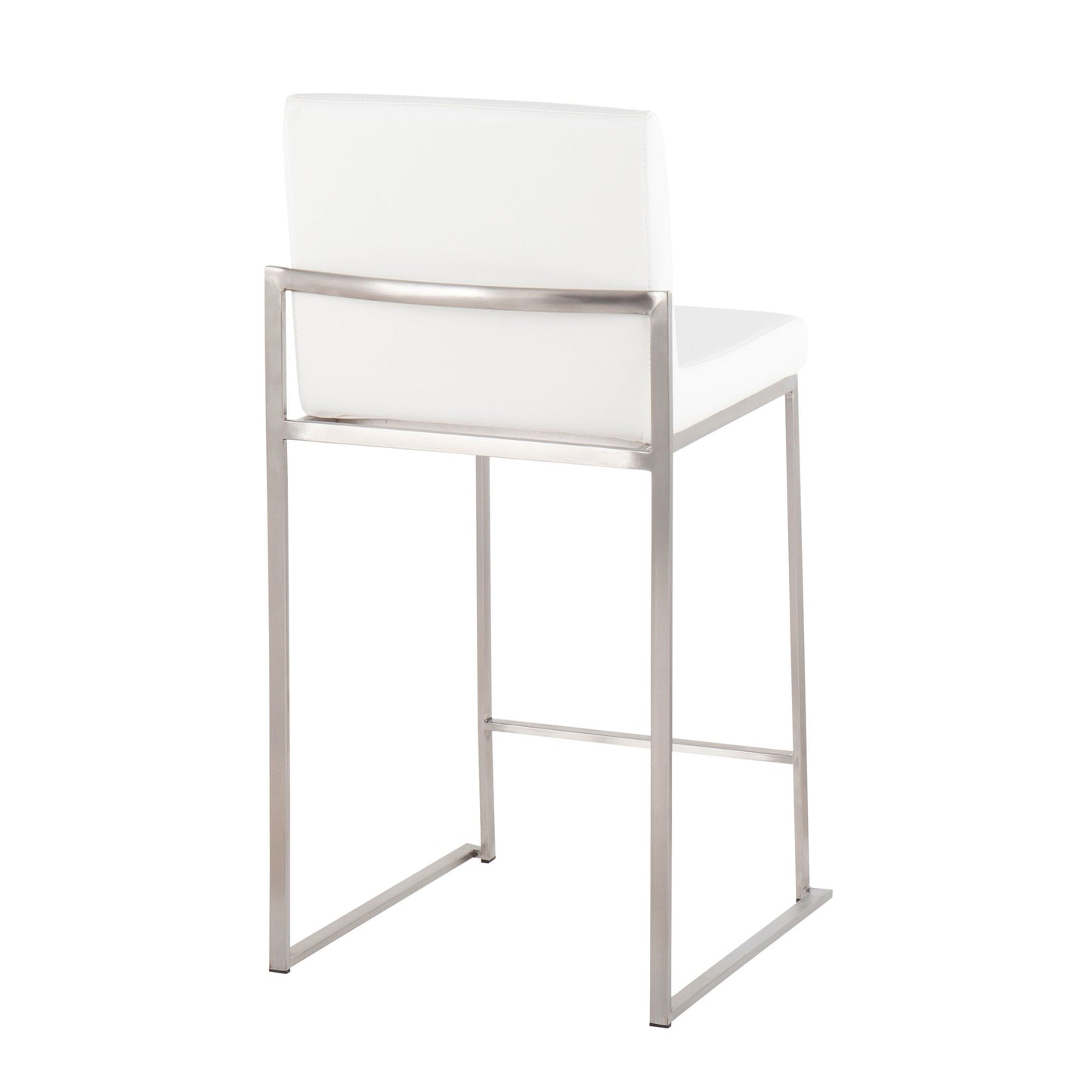 The Fuji Contemporary High Back Counter Stool features a white cushioned seat and backrest, supported by a sleek silver metal frame with a rectangular base and footrest. Shown from the rear angle, it highlights its functional modern design.