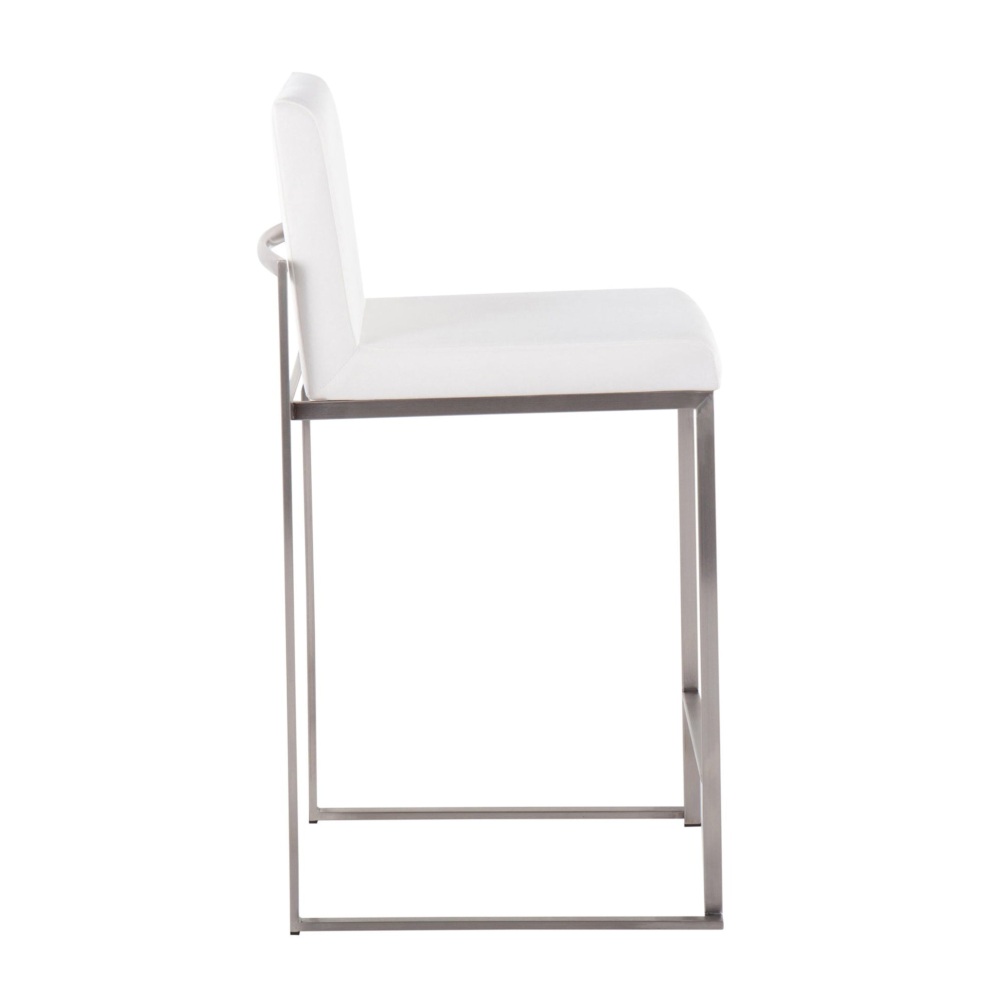 The Fuji - Contemporary High Back Counter Stool features a white cushioned seat and backrest, minimalist metal frame, and functional design, shown from the side against a white background.