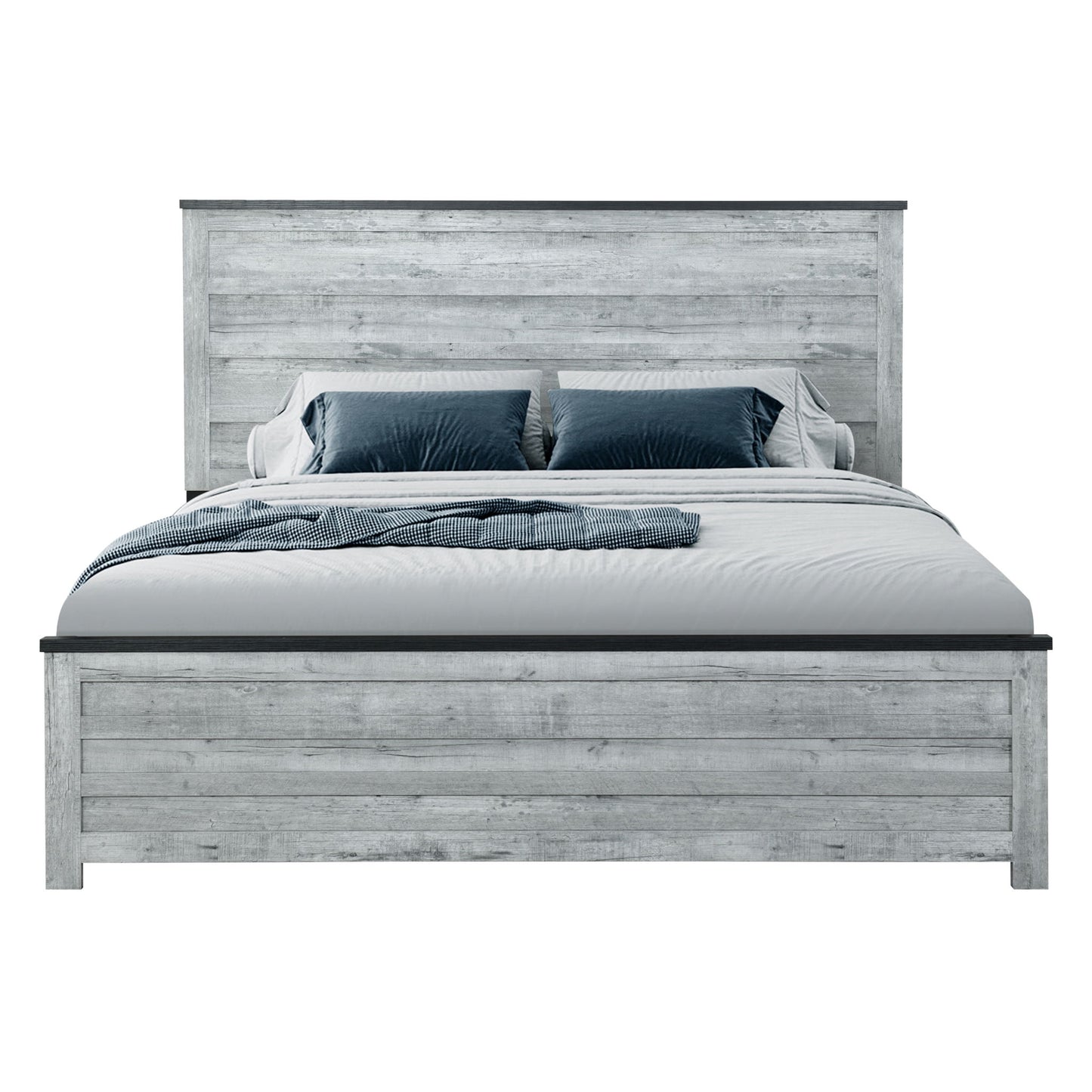 The Kicks - 5 Pieces Bedroom Set features a modern bed with a rustic, light gray wooden frame and headboard, styled with white bedding, blue and gray pillows, and a blue textured throw.