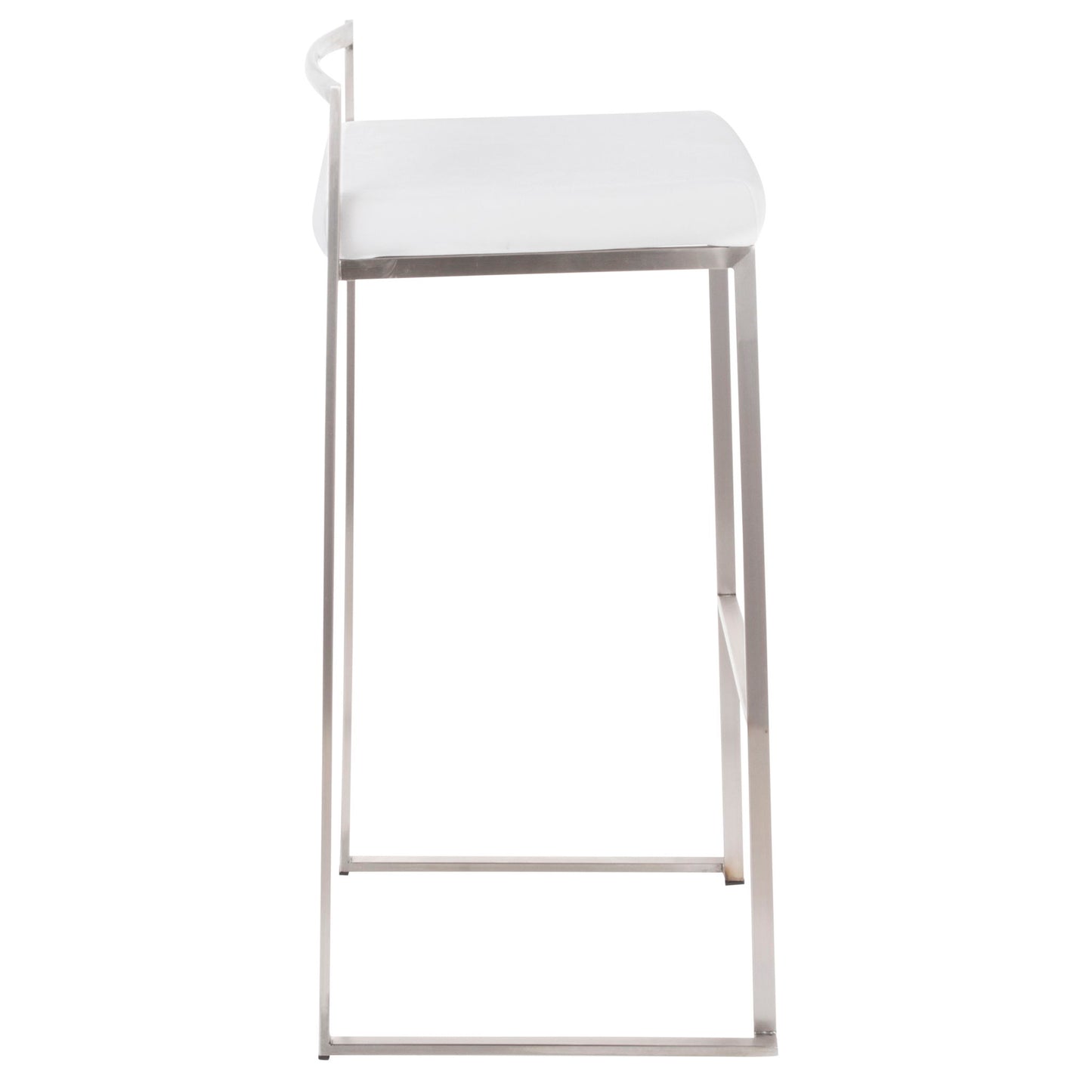 The Fuji Stackable Barstool showcases a contemporary, minimalist design with a white rectangular seat, sleek metal frame, clean straight lines, and a low backrest—perfect for modern spaces.