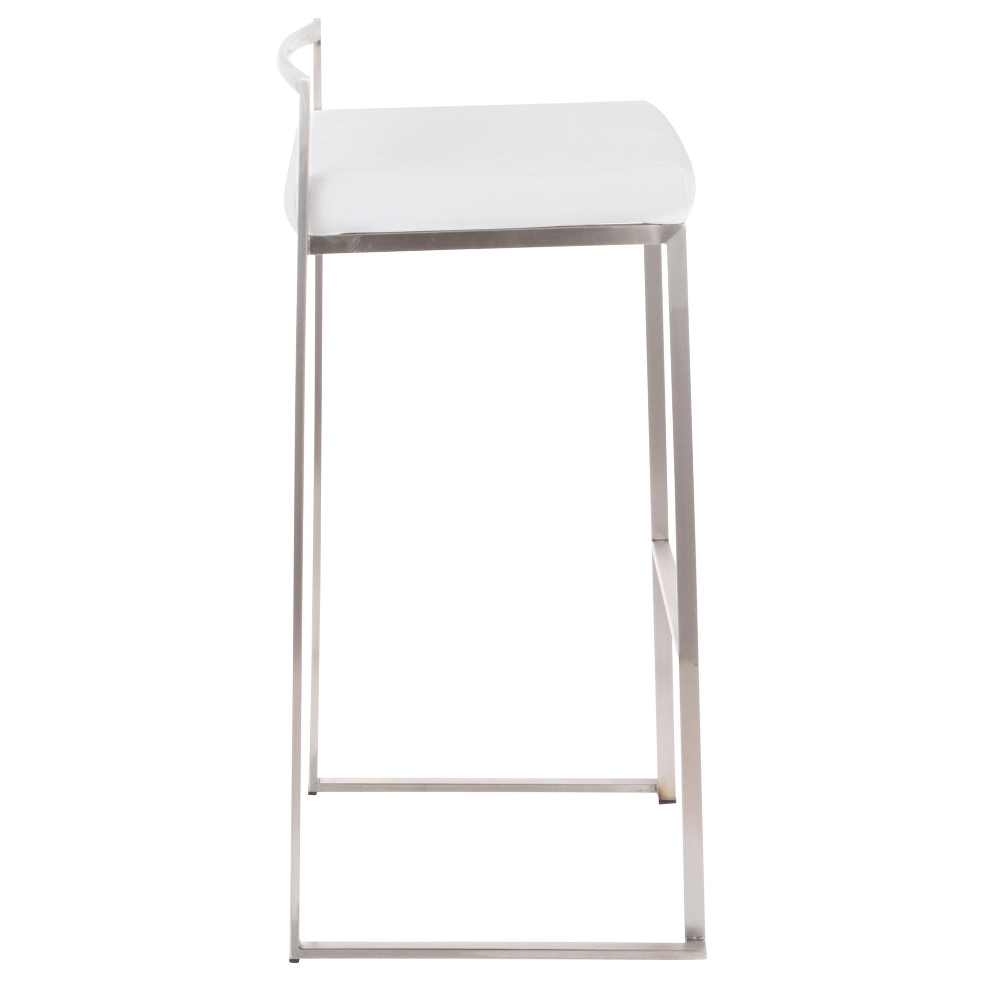 The Fuji Stackable Barstool showcases a contemporary, minimalist design with a white rectangular seat, sleek metal frame, clean straight lines, and a low backrest—perfect for modern spaces.