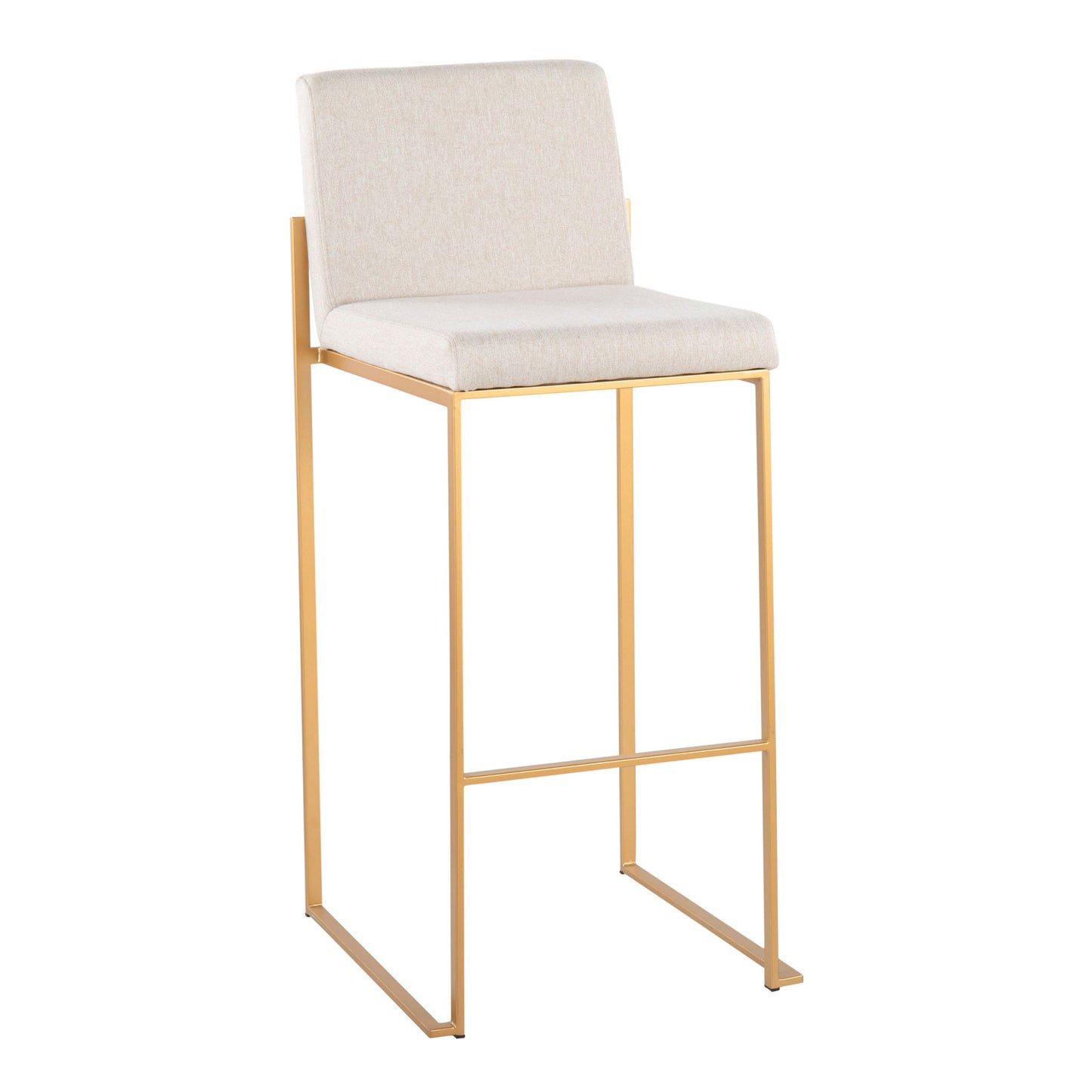 The Fuji - Contemporary Design High Back Barstool (Set of 2) features a gold metal frame, cushioned seat and backrest in light beige fabric, and a minimalist look with clean, straight lines.