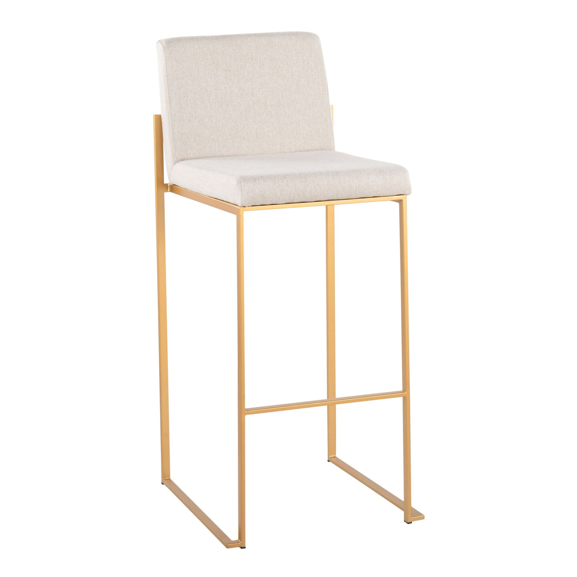 The Fuji - Contemporary Design High Back Barstool (Set of 2) features a gold metal frame, cushioned seat and backrest in light beige fabric, and a minimalist look with clean, straight lines.