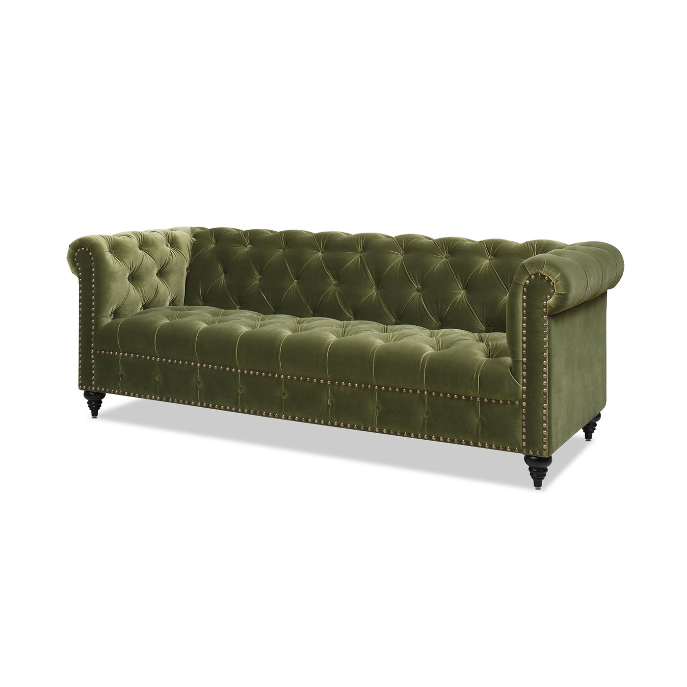 The Alto - Tufted Chesterfield Sofa features green velvet upholstery, rolled arms, button detailing, gold nailhead trim, and dark turned wooden legs.