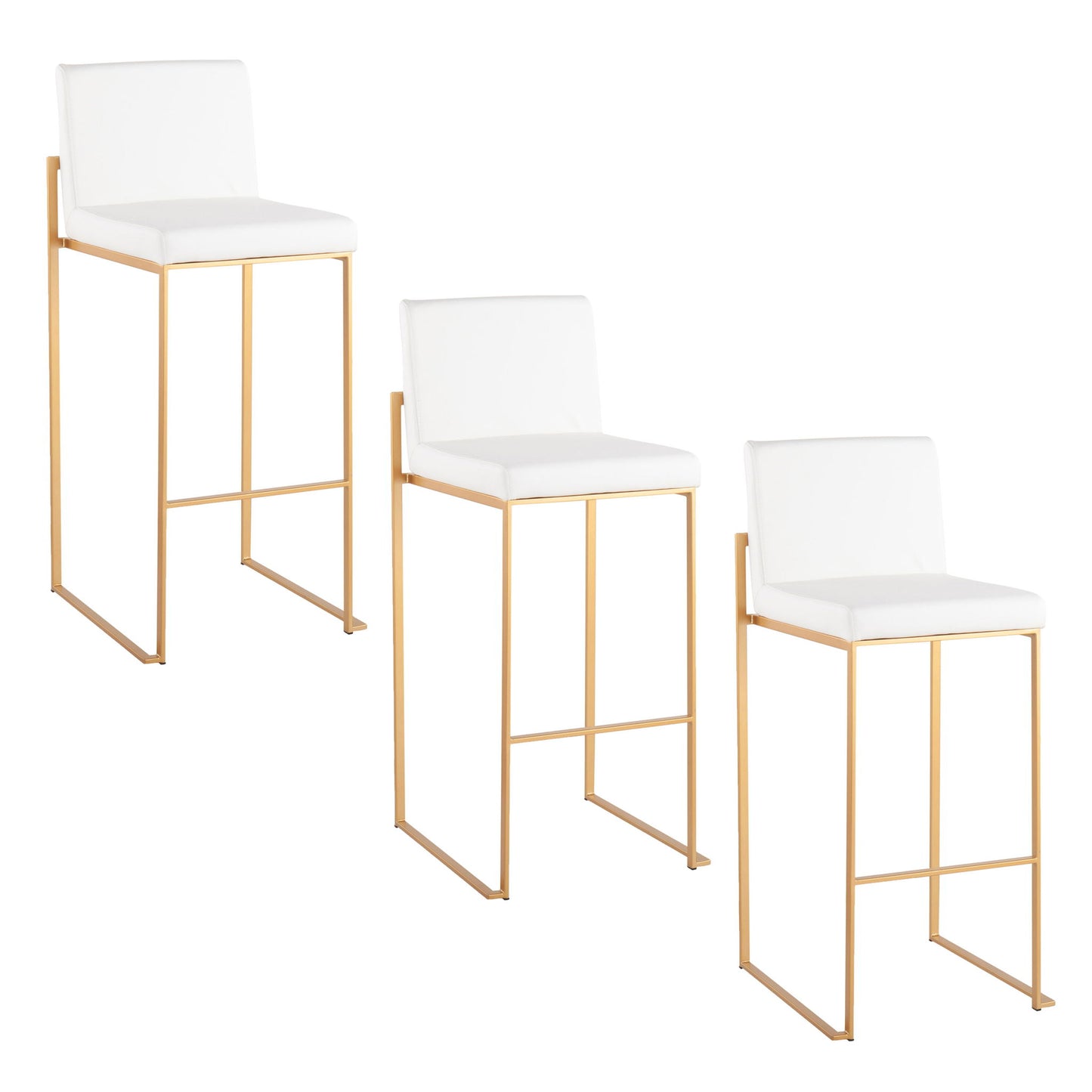 The Fuji Contemporary Design High Back Barstool set of 2 features modern gold metal frames with footrests and white cushioned seats and backs, displayed on a white background.