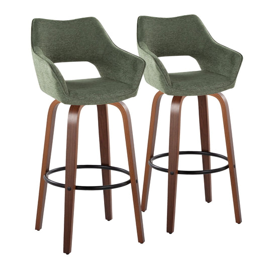 Set of 2 Mustang barstools featuring green fabric seats, curved armrests, open lower backs, fixed height swivel design, wooden legs, and a round black metal footrest.