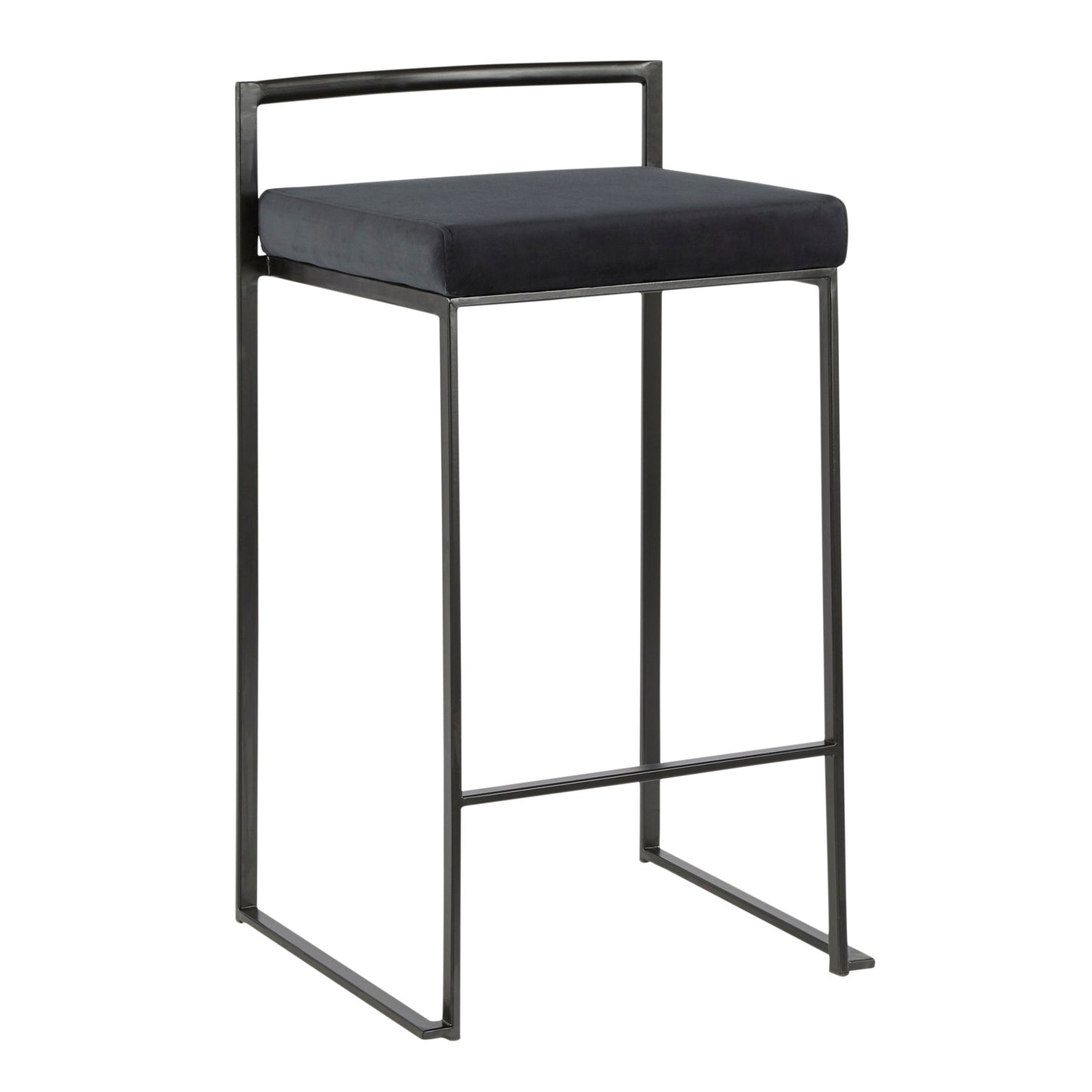 The Fuji Counter Stool features a black metal frame, footrest, and rectangular padded black seat in a contemporary, minimalist design with clean lines. Stackable for easy storage.