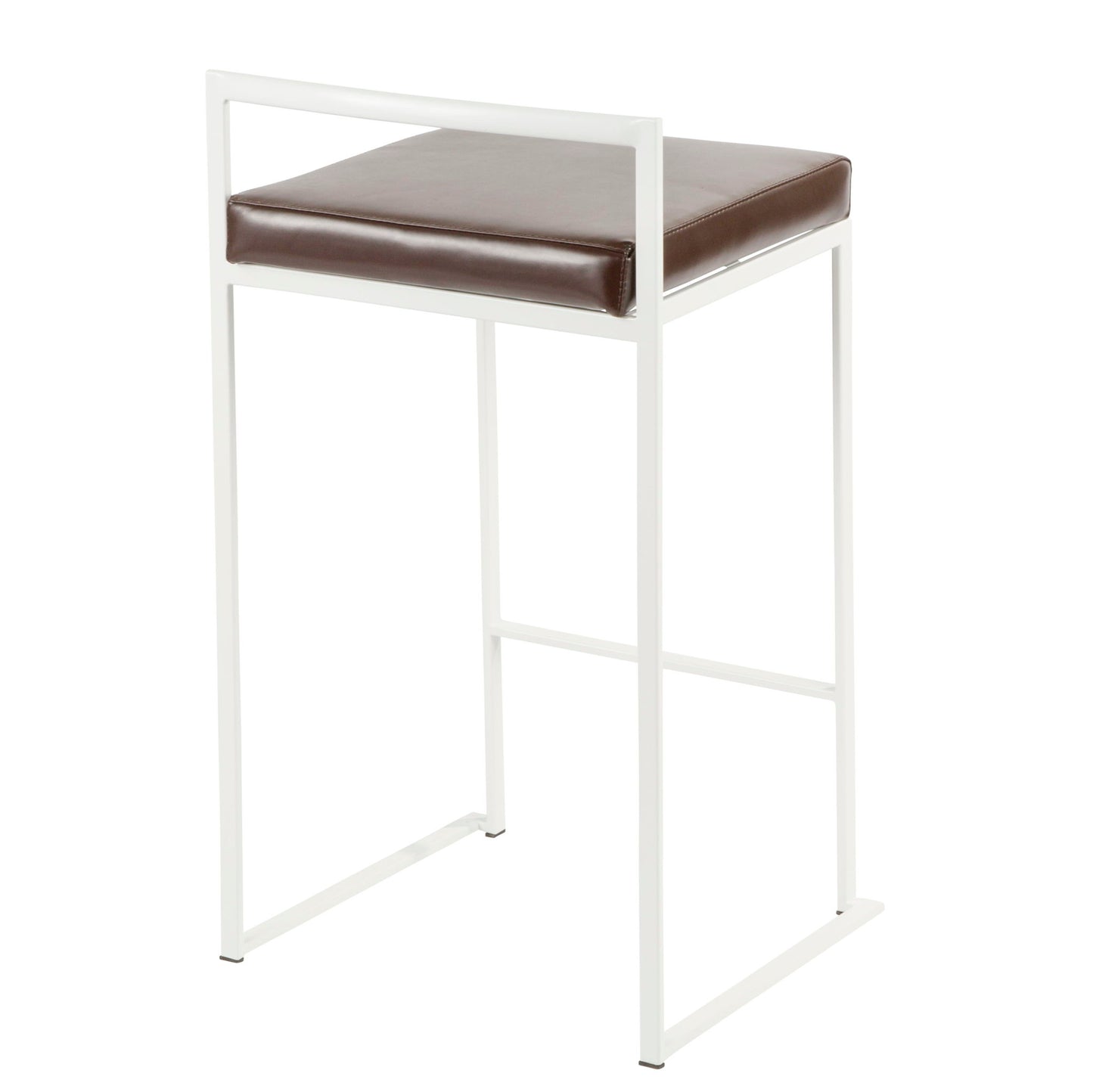 The Fuji - Simple Elegance Contemporary Stackable Counter Stool features a white metal frame, square dark brown cushioned seat, minimalist backrest, and open sides for a sleek modern look.