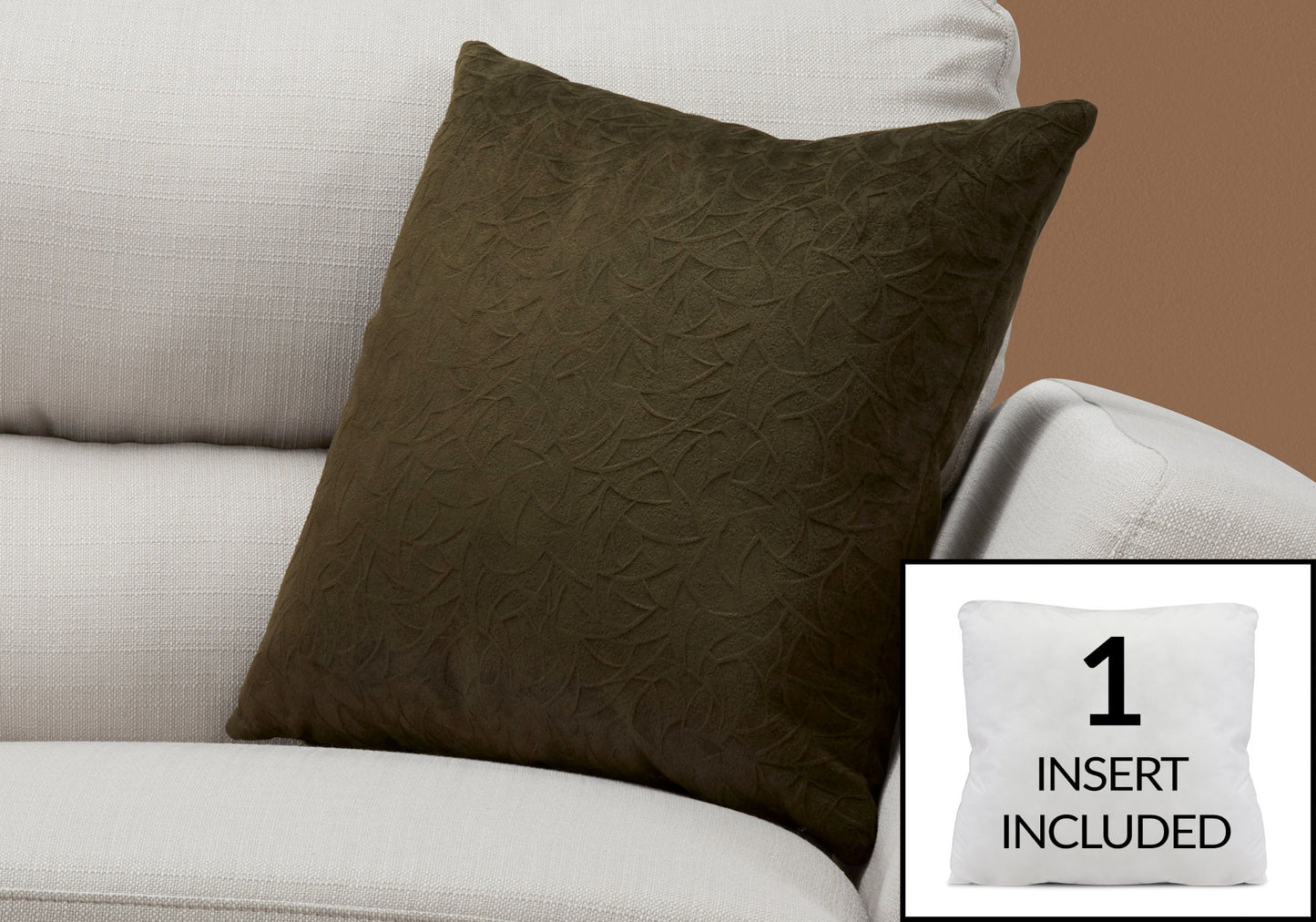 A dark green, modern decorative square pillow with a subtle leaf pattern rests on a light beige couch. An inset shows the included hypoallergenic white pillow insert with the text "Insert Included.