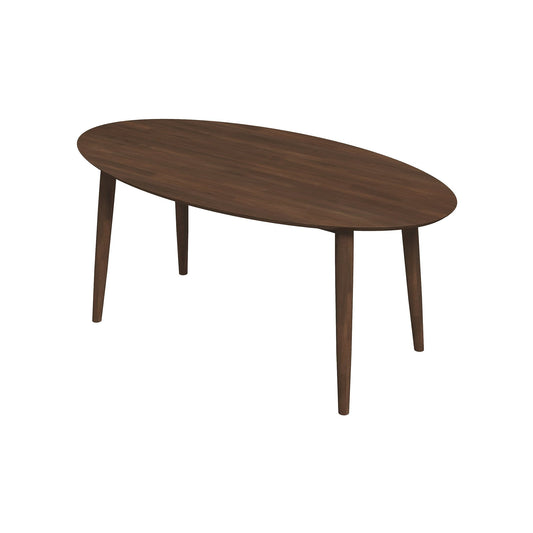 The Ada Mid-Century Modern Style Oval Dining Table features a dark brown wooden finish and four tapered legs, showcased against a white background.
