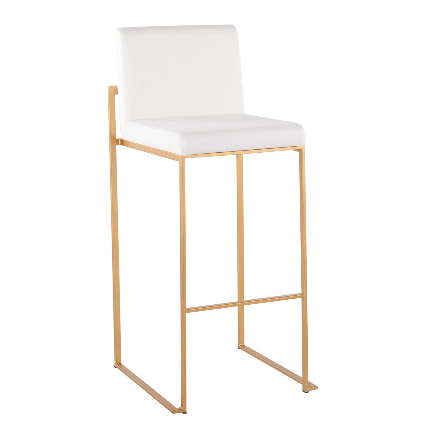 The Fuji - Contemporary Design High Back Barstool (Set of 2) features a white cushioned seat and backrest, gold metal legs, and a sleek minimalist design.