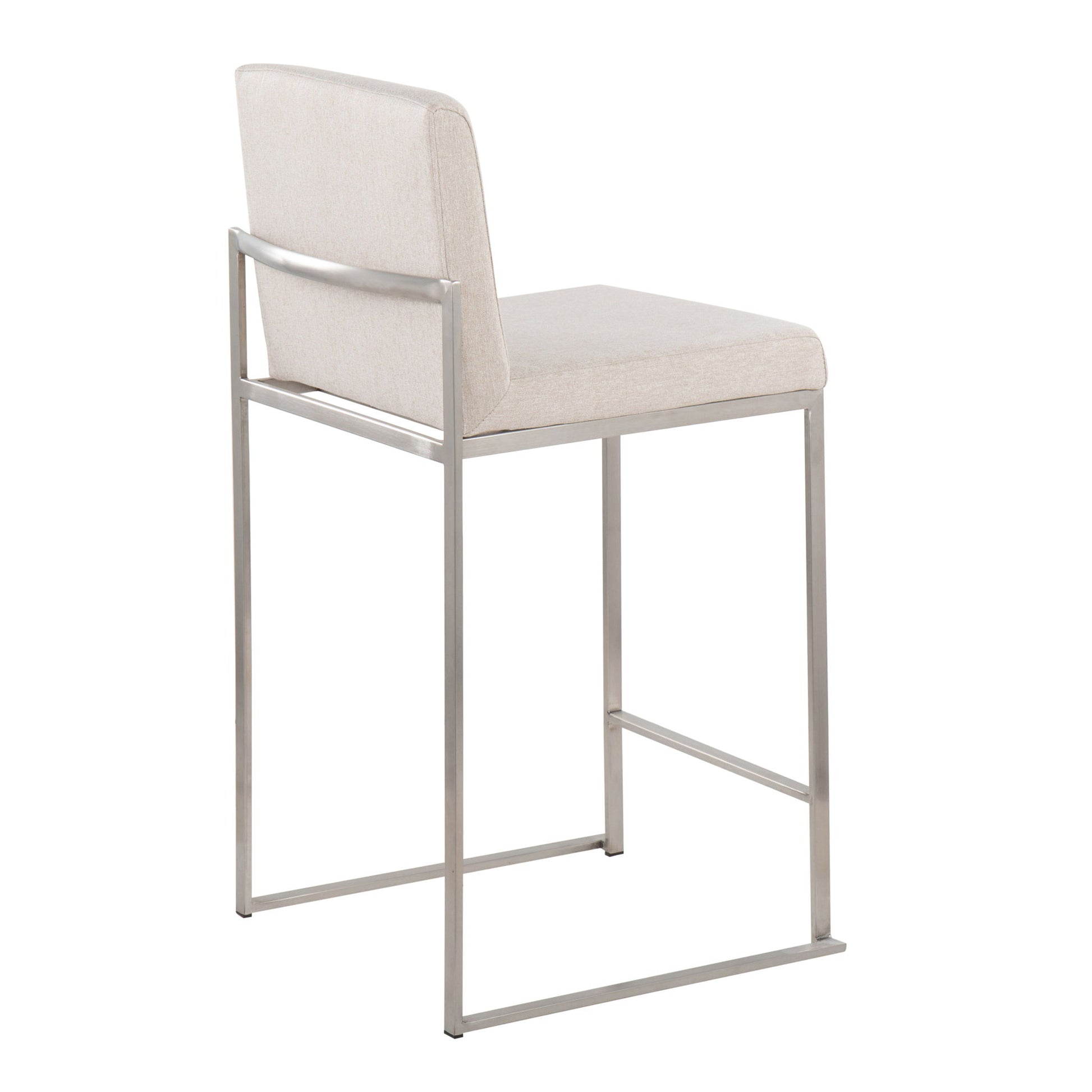 The Fuji - Contemporary High Back Counter Stool features a light beige cushioned seat and backrest, sleek silver metal frame with minimalist straight lines, and a convenient footrest bar for functional modern design.