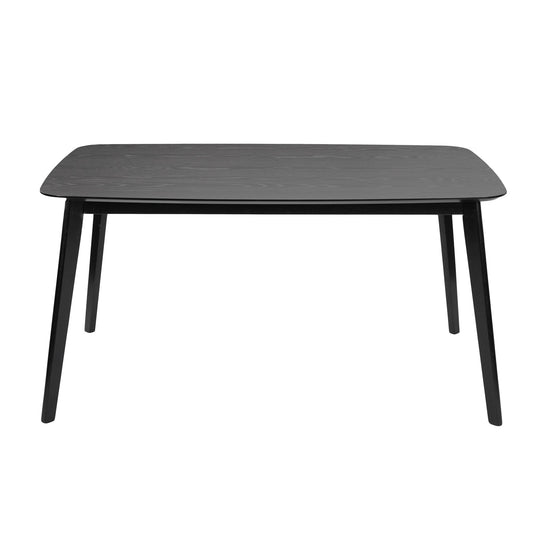 The Retro Dining Table With Faux Wood Top features a rectangular black design with four angled legs, shown from the front against a white background.