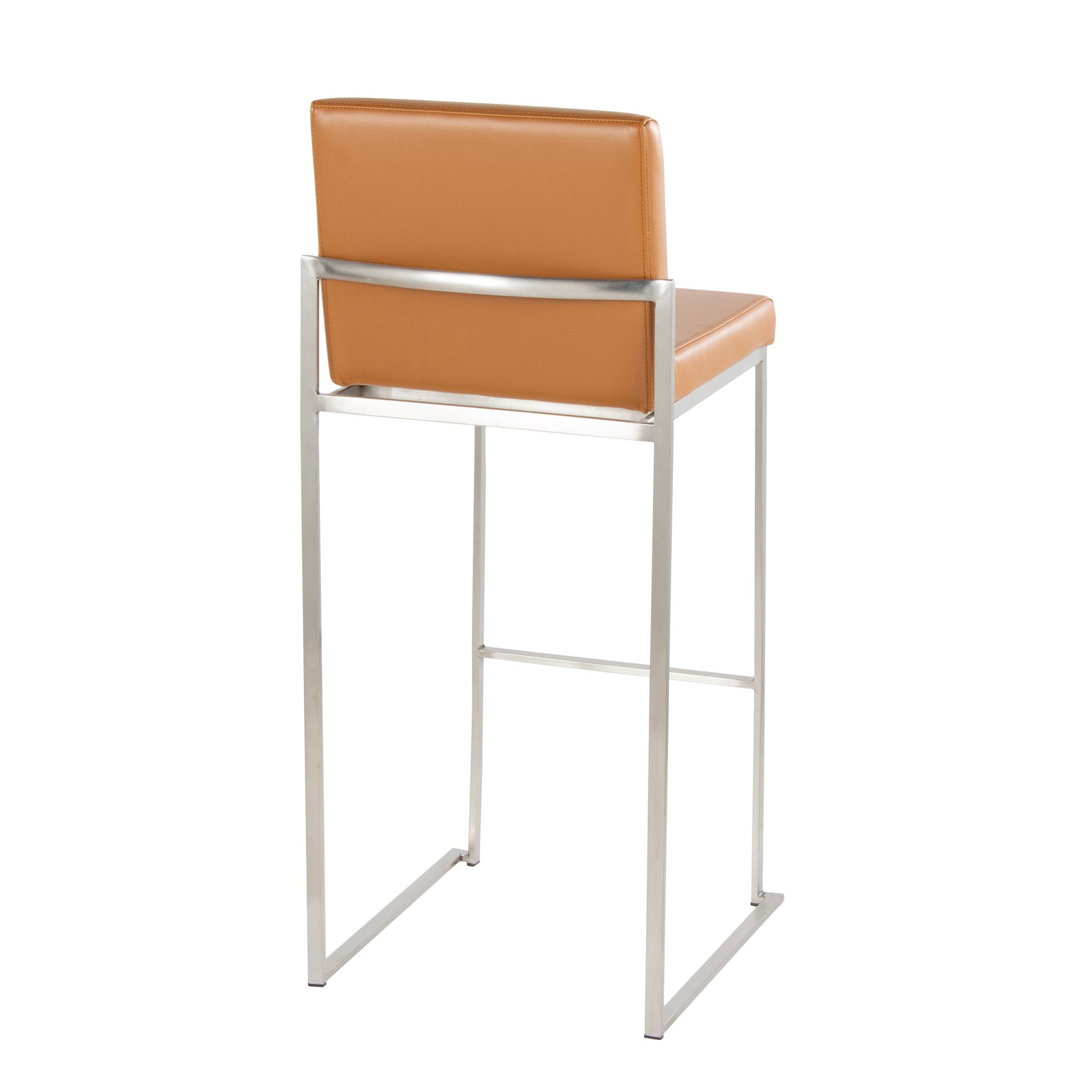The Fuji - Contemporary And Modern Elegance High Back Barstool features a tan leather seat and backrest atop a sleek silver metal frame with a minimalist, open design.