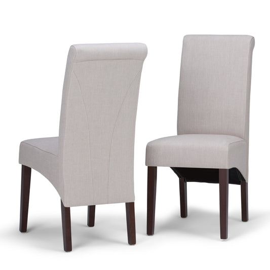 The Avalon - Deluxe Parson Dining Chair (Set of 2) features light beige upholstery, dark wooden legs, and a slightly curved backrest for comfort. Shown from front and back on a white background.