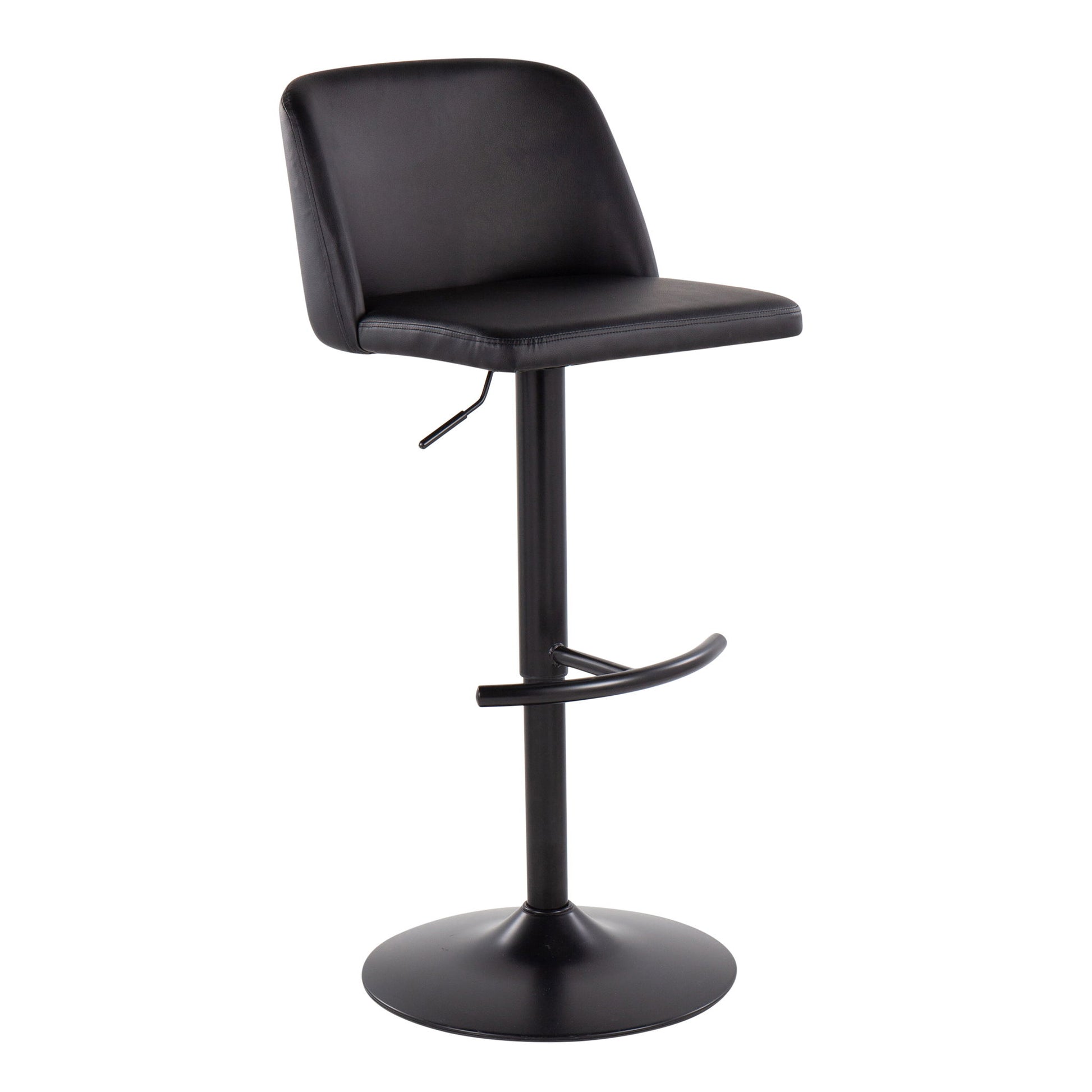 The Toriano Contemporary Adjustable Bar Stool (Set of 2) features a modern black design, padded seat and backrest, metal pedestal base with a rounded T footrest, and an adjustable height lever.