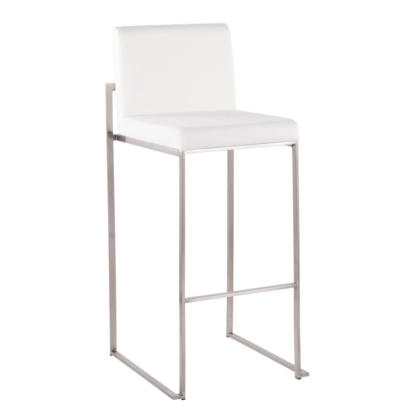 The Fuji - Contemporary And Modern Elegance High Back Barstool features a white cushioned seat and backrest with a sleek metal frame and footrest, shown against a plain white background.