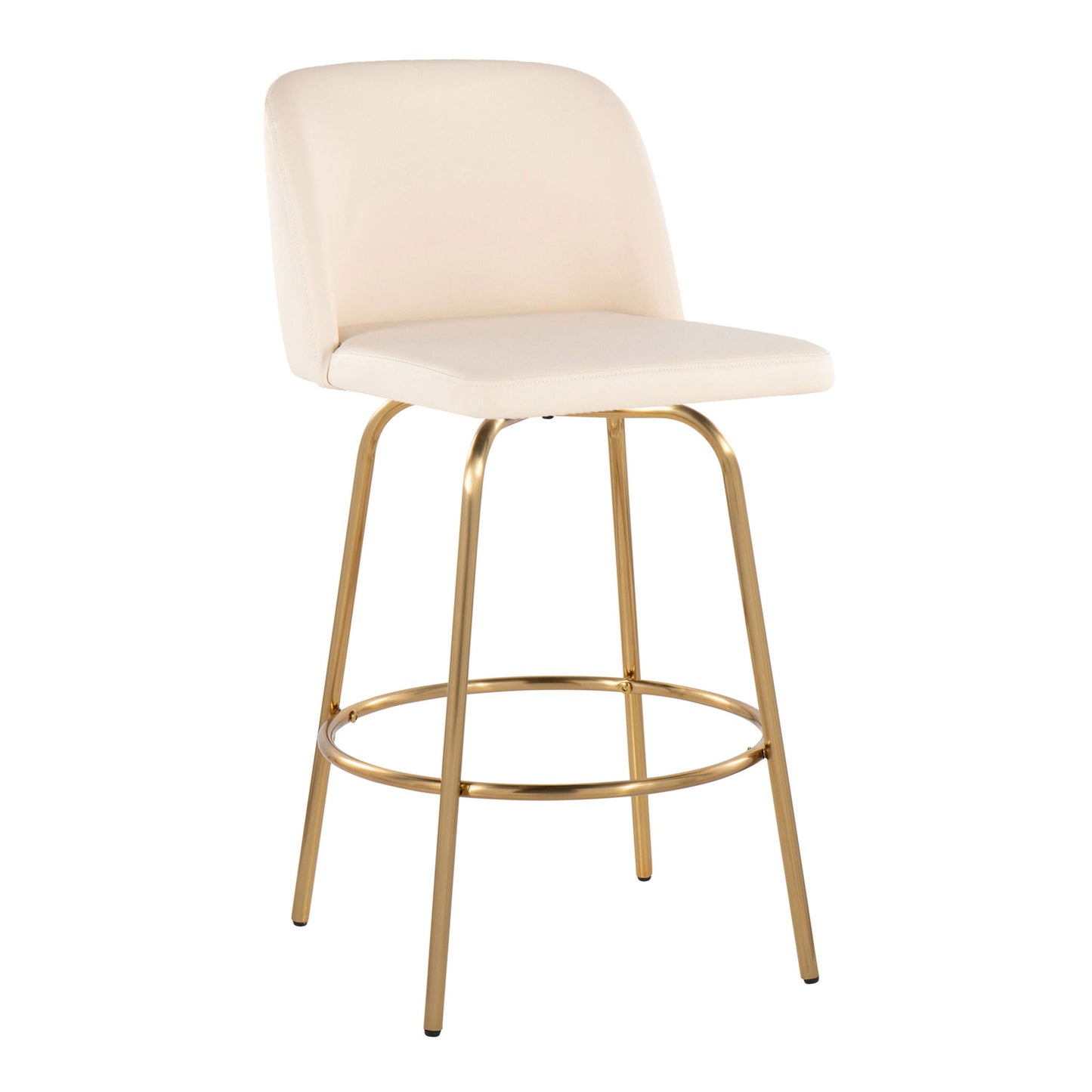 The Toriano Counter Stool set features a contemporary design with cream cushioned seat and backrest, swivel function, and four slender gold metal legs with a round footrest.