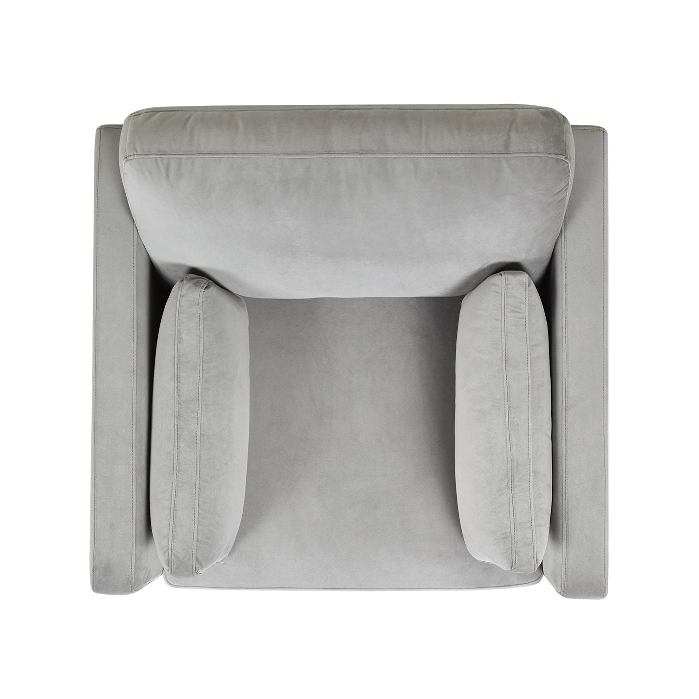 Top view of the Knox - Modern Farmhouse Arm Chair, featuring light gray upholstery, a cushioned seat, two side pillows, and a soft backrest, shown isolated on a white background.