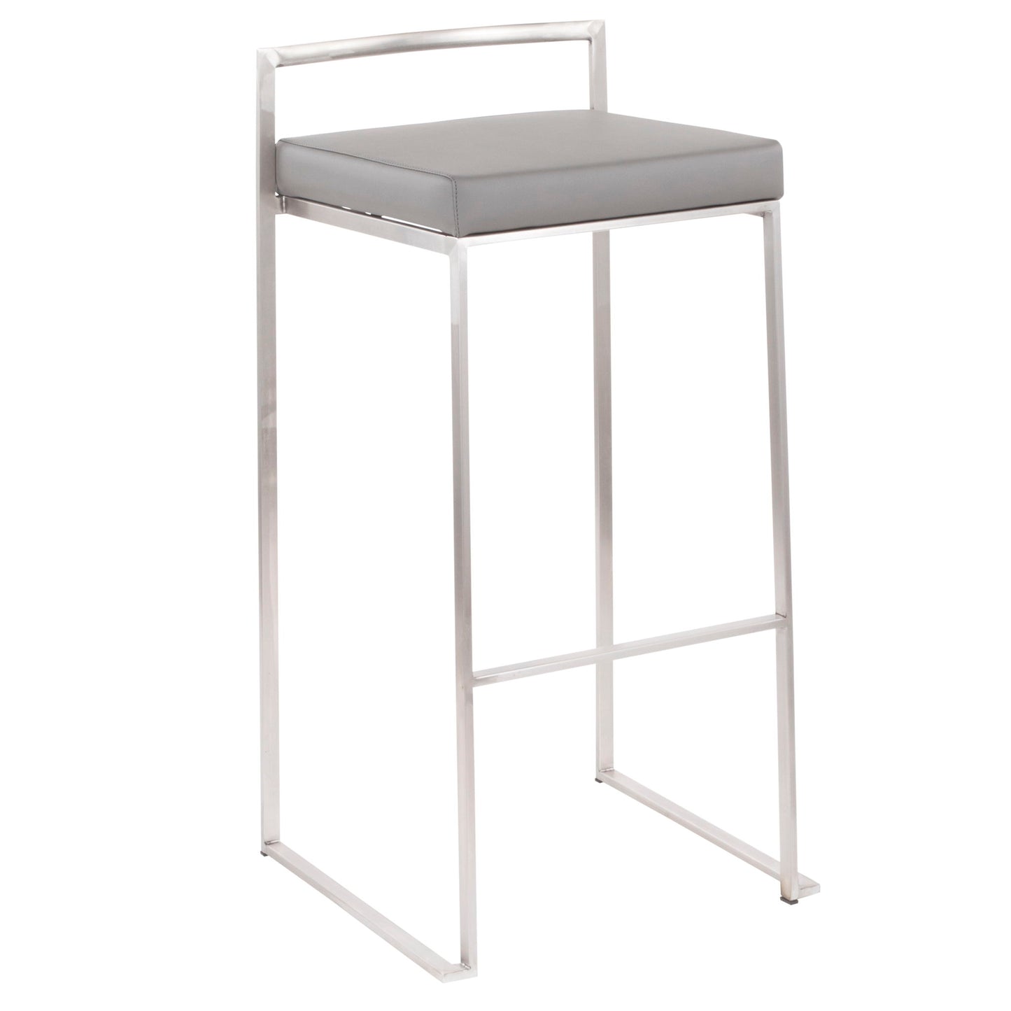 The Fuji Stackable Barstool features a contemporary, elegant design with a sleek metal frame, square legs, a low rectangular backrest, and a padded light gray seat cushion.