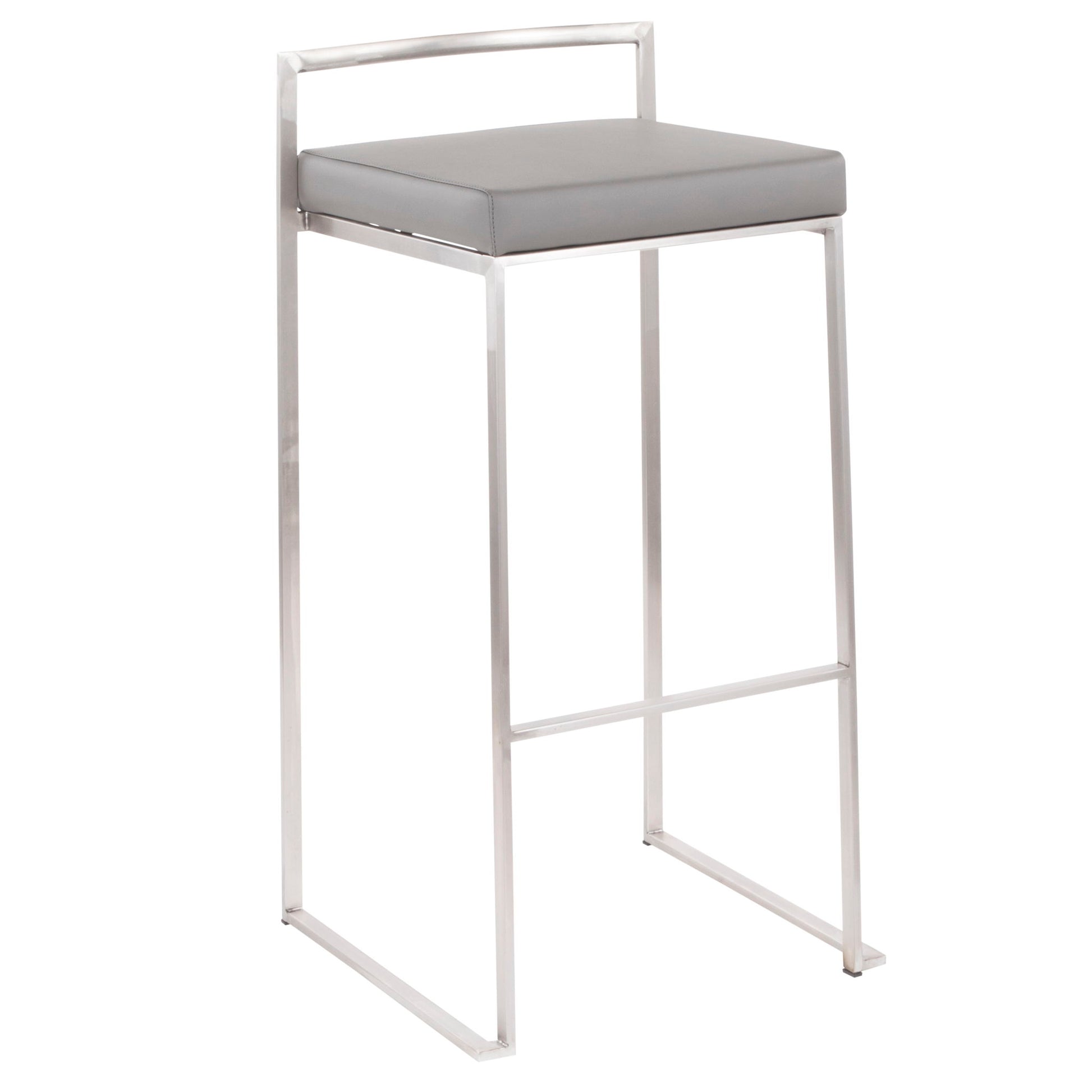 The Fuji Stackable Barstool features a contemporary, elegant design with a sleek metal frame, square legs, a low rectangular backrest, and a padded light gray seat cushion.