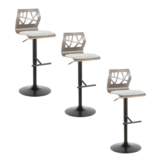 Set of 3 Folia Mid Century Modern adjustable barstools with swivel, light gray cushioned seats, geometric wood backs, black pedestal bases, and straight T footrests are shown at various heights against a white background.