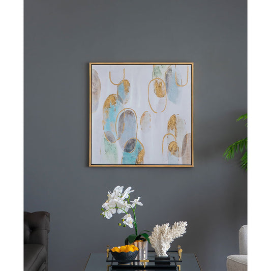 The Modern Oil Painting, Square Framed Wall Art For Living Room Dining Room - Multicolor hangs on a gray wall above a glass coffee table adorned with a white orchid, coral, and a bowl of yellow fruit.