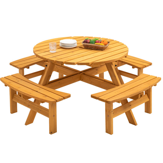 The 8 Person Wooden Picnic Table features 4 built-in benches and a 2220lb capacity, ideal for outdoor dining and camping, with space for items like a fruit basket, plates, and glasses on top.